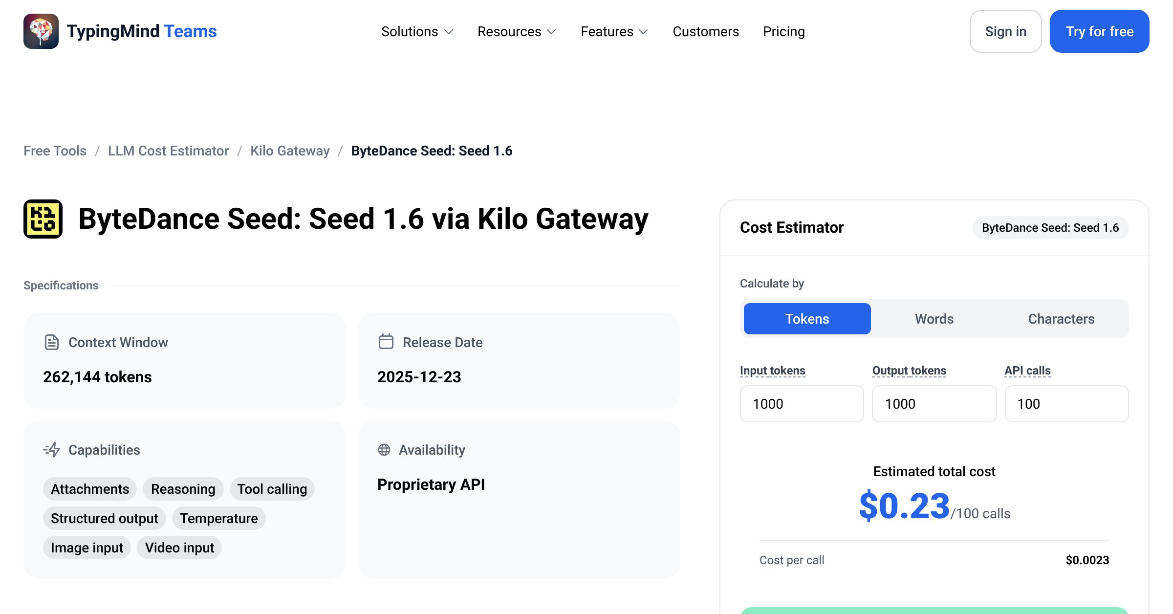 Kilo Gateway ByteDance Seed: Seed 1.6 API Pricing Calculator