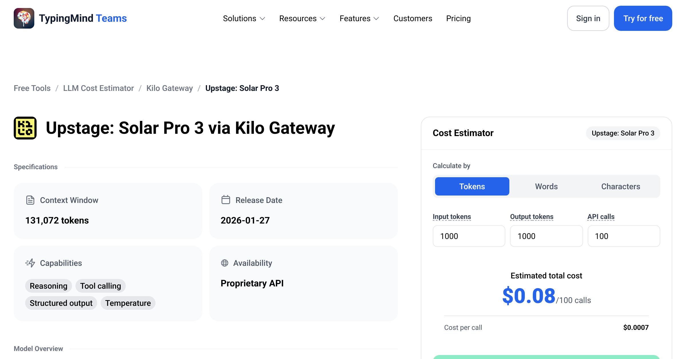 Kilo Gateway Upstage: Solar Pro 3 API Pricing Calculator