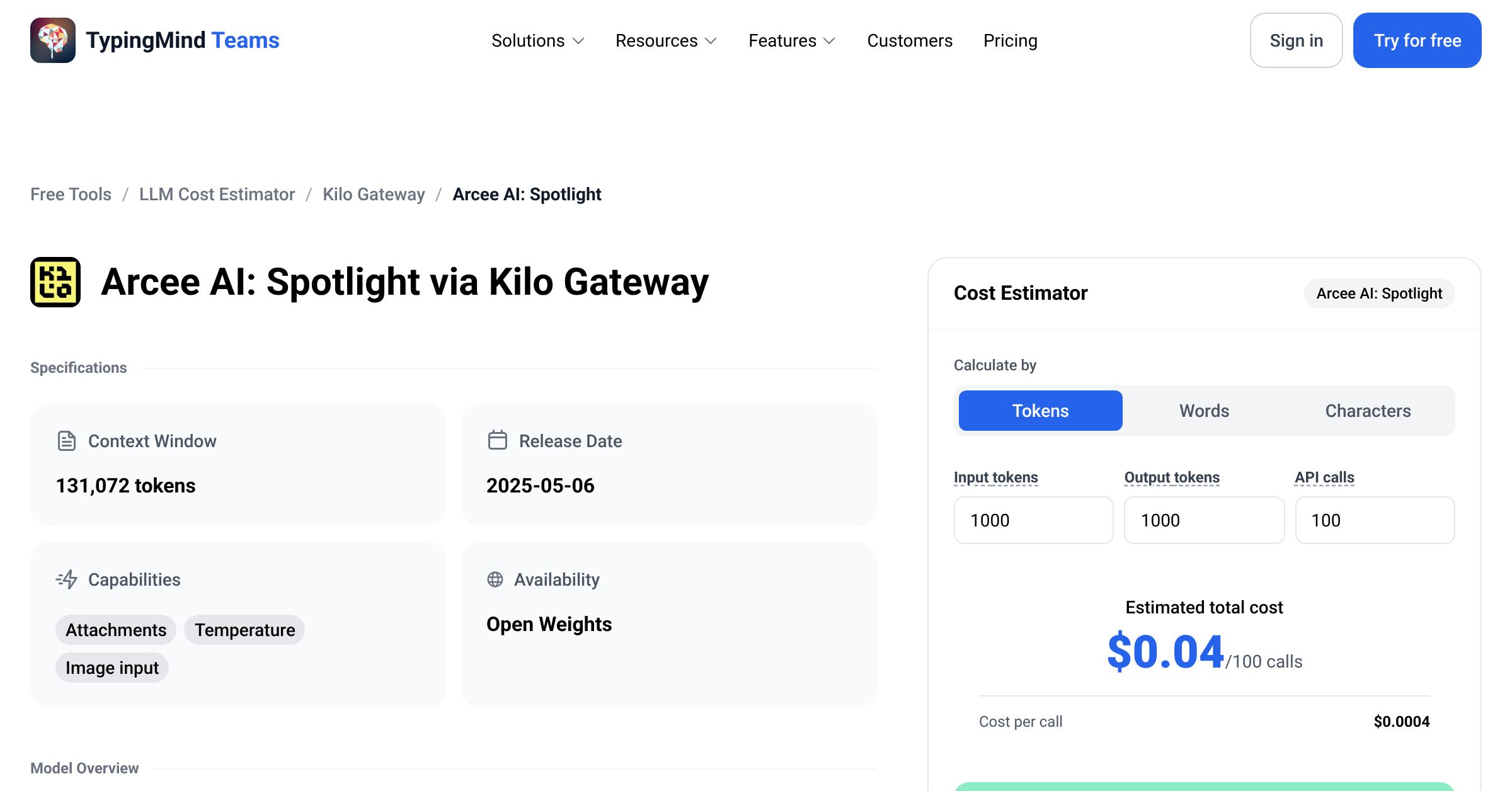 Kilo Gateway Arcee AI: Spotlight API Pricing Calculator