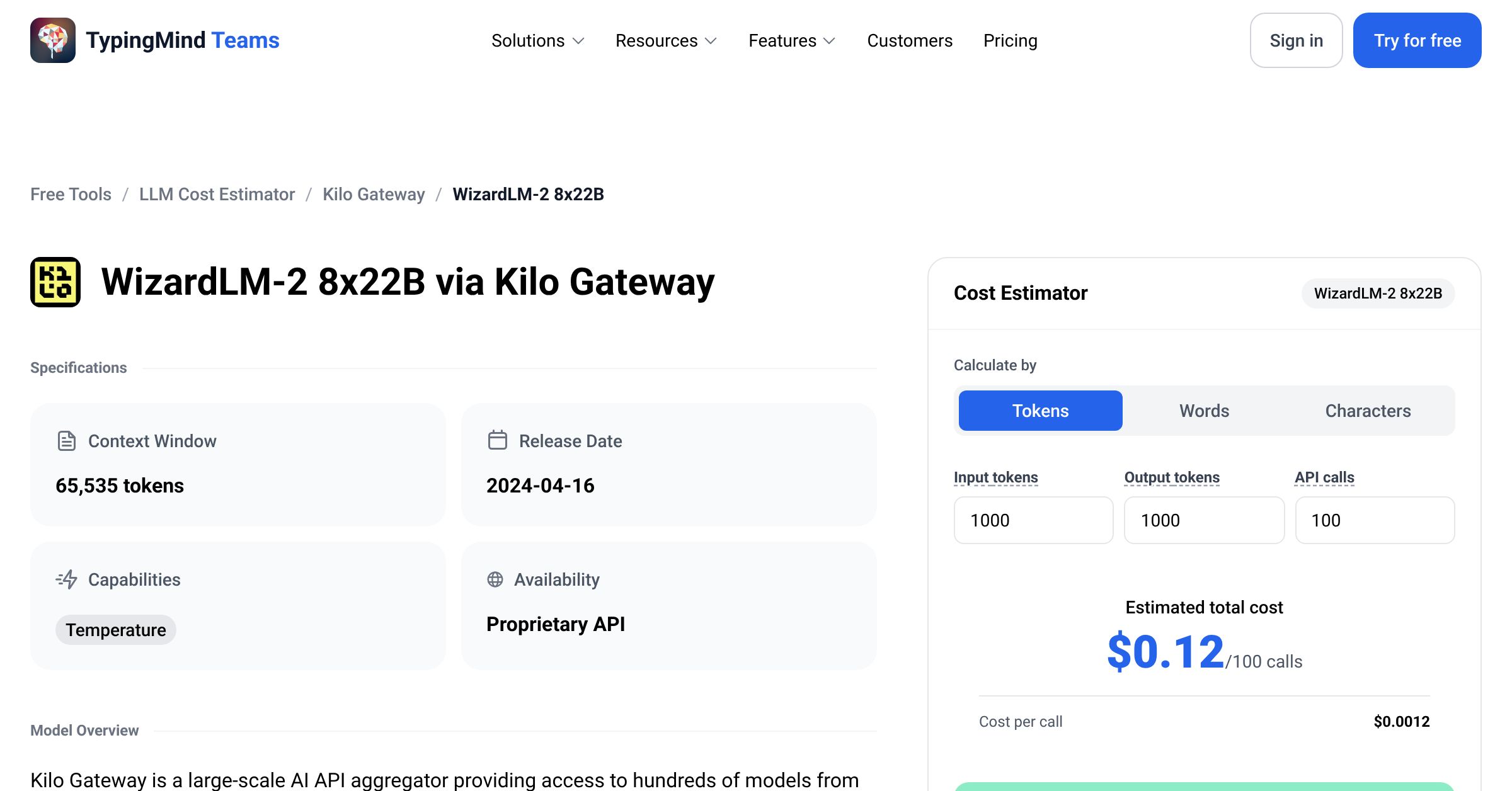 Kilo Gateway WizardLM-2 8x22B API Pricing Calculator
