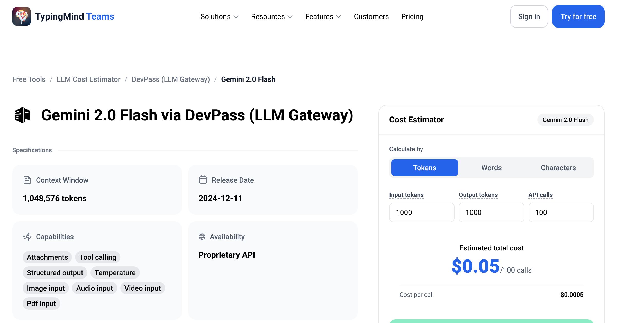 LLM Gateway Gemini 2.0 Flash API Pricing Calculator