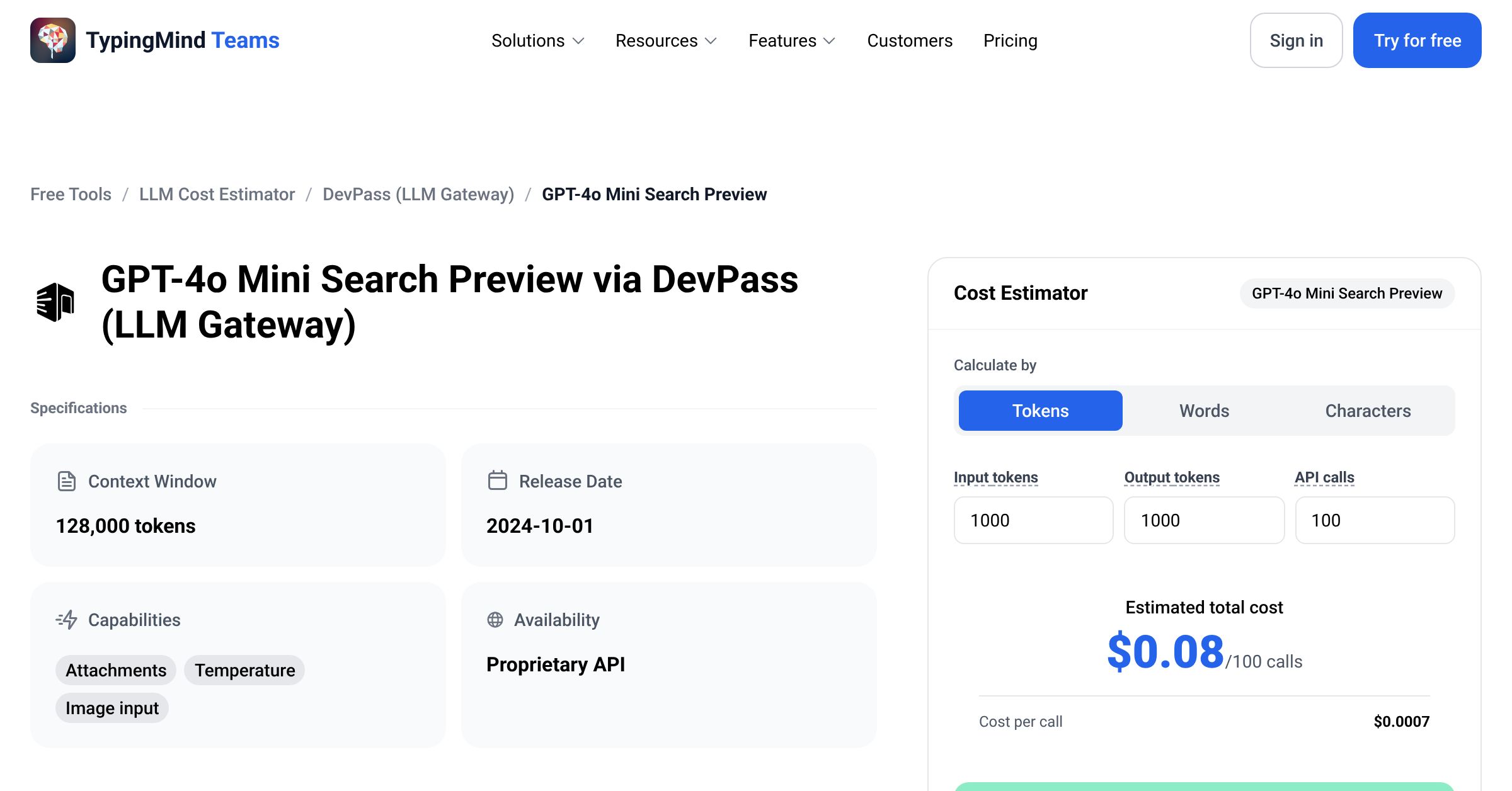 LLM Gateway GPT-4o Mini Search Preview API Pricing Calculator
