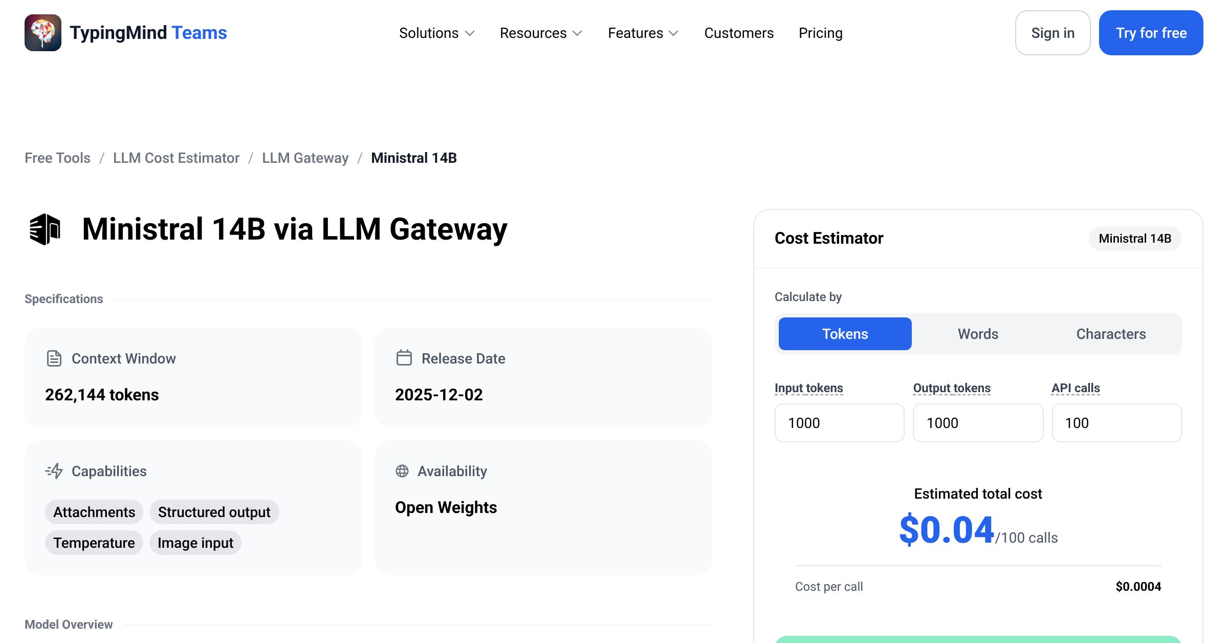 LLM Gateway Ministral 14B API Pricing Calculator
