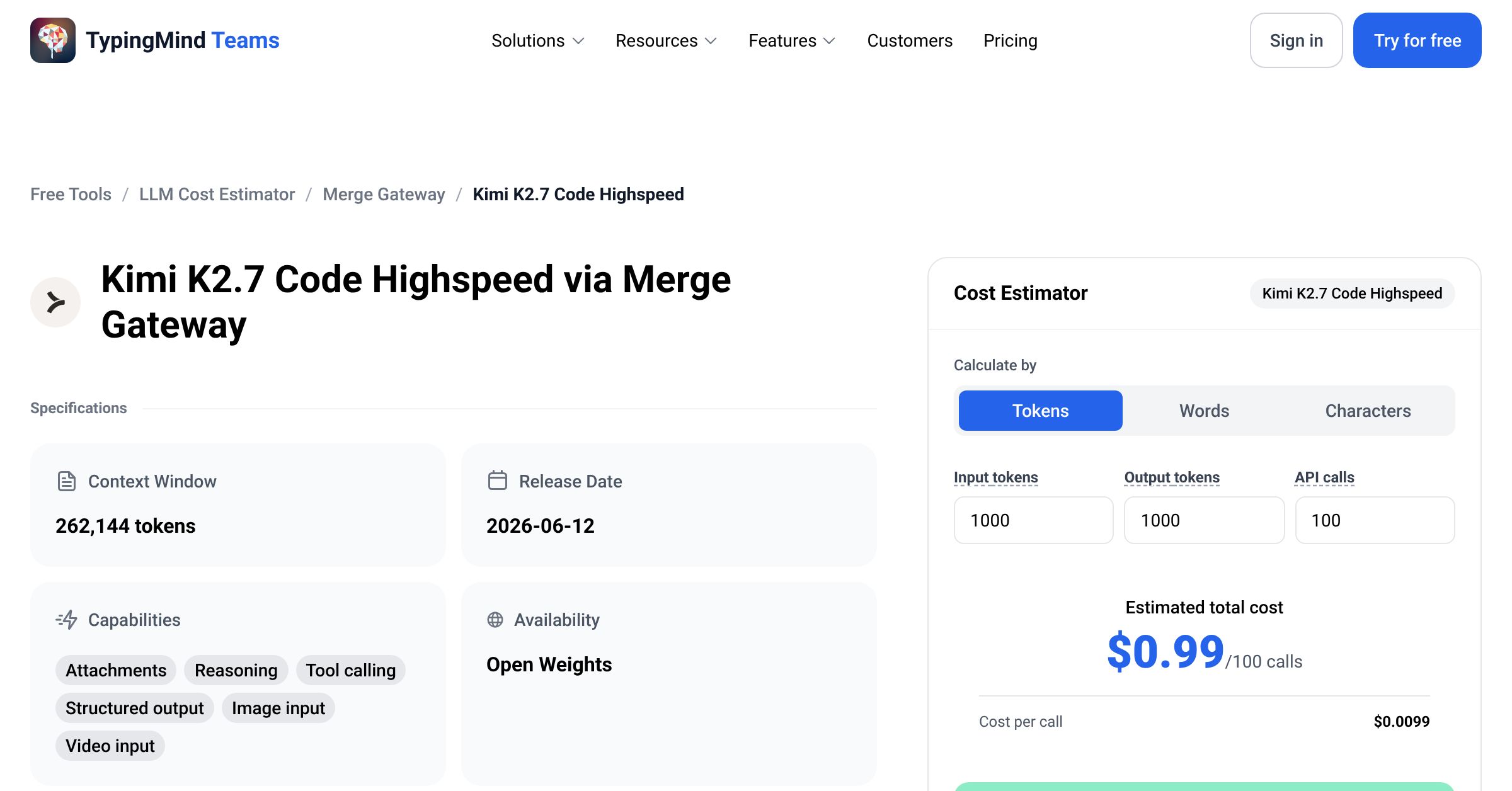 Merge Gateway Kimi K2.7 Code Highspeed API Pricing Calculator