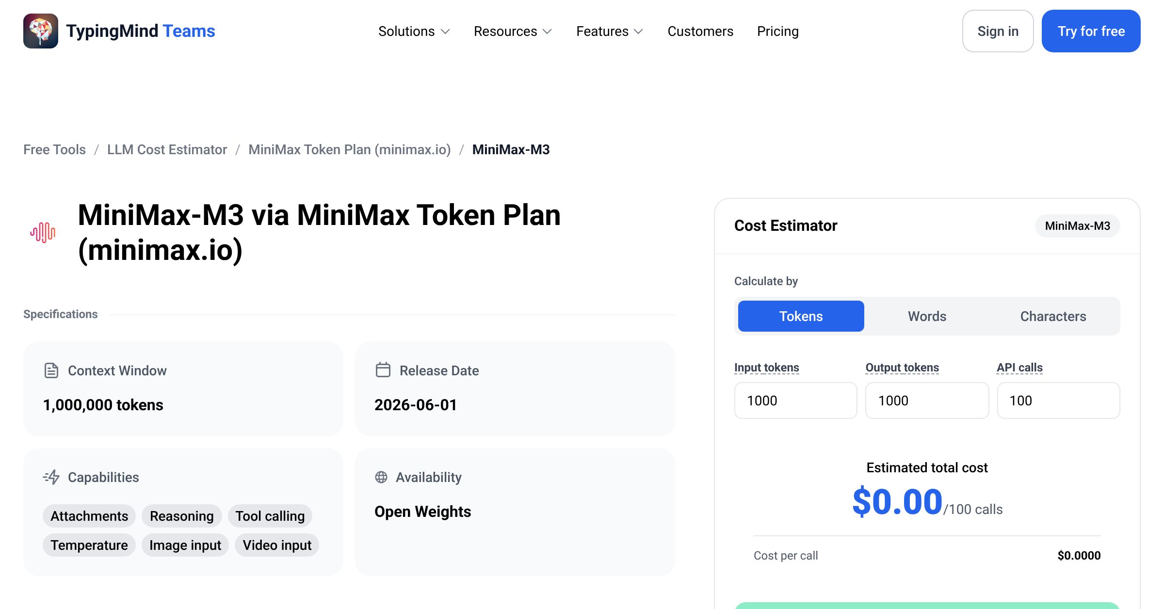 MiniMax Token Plan (minimax.io) MiniMax-M3 API Pricing Calculator