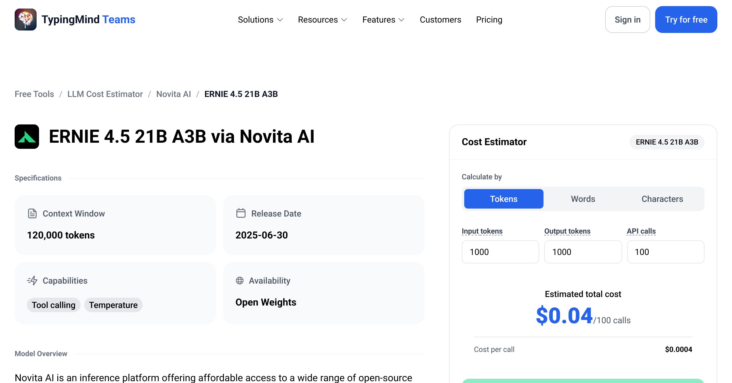 NovitaAI ERNIE 4.5 21B A3B API Pricing Calculator