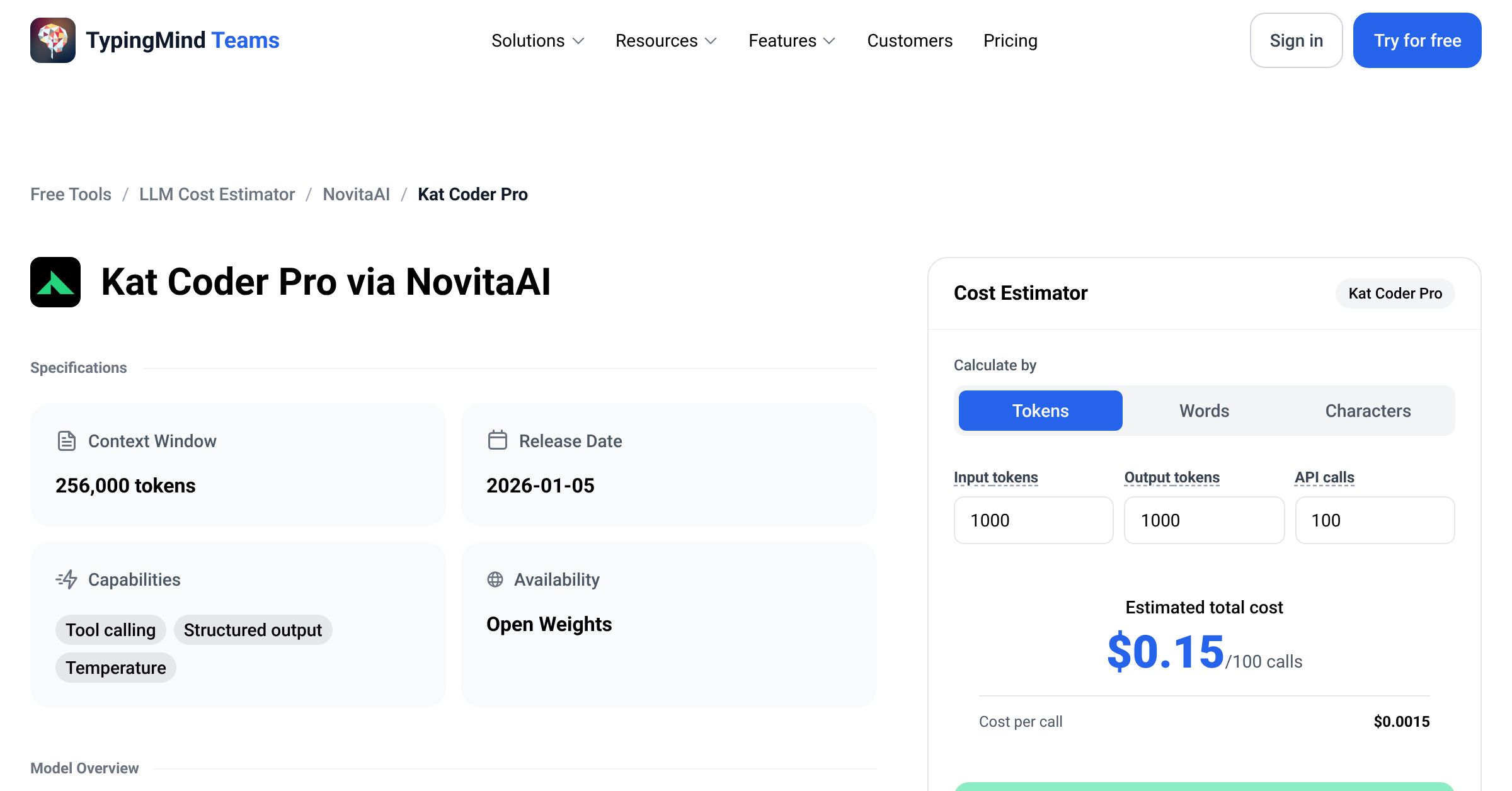NovitaAI Kat Coder Pro API Pricing Calculator