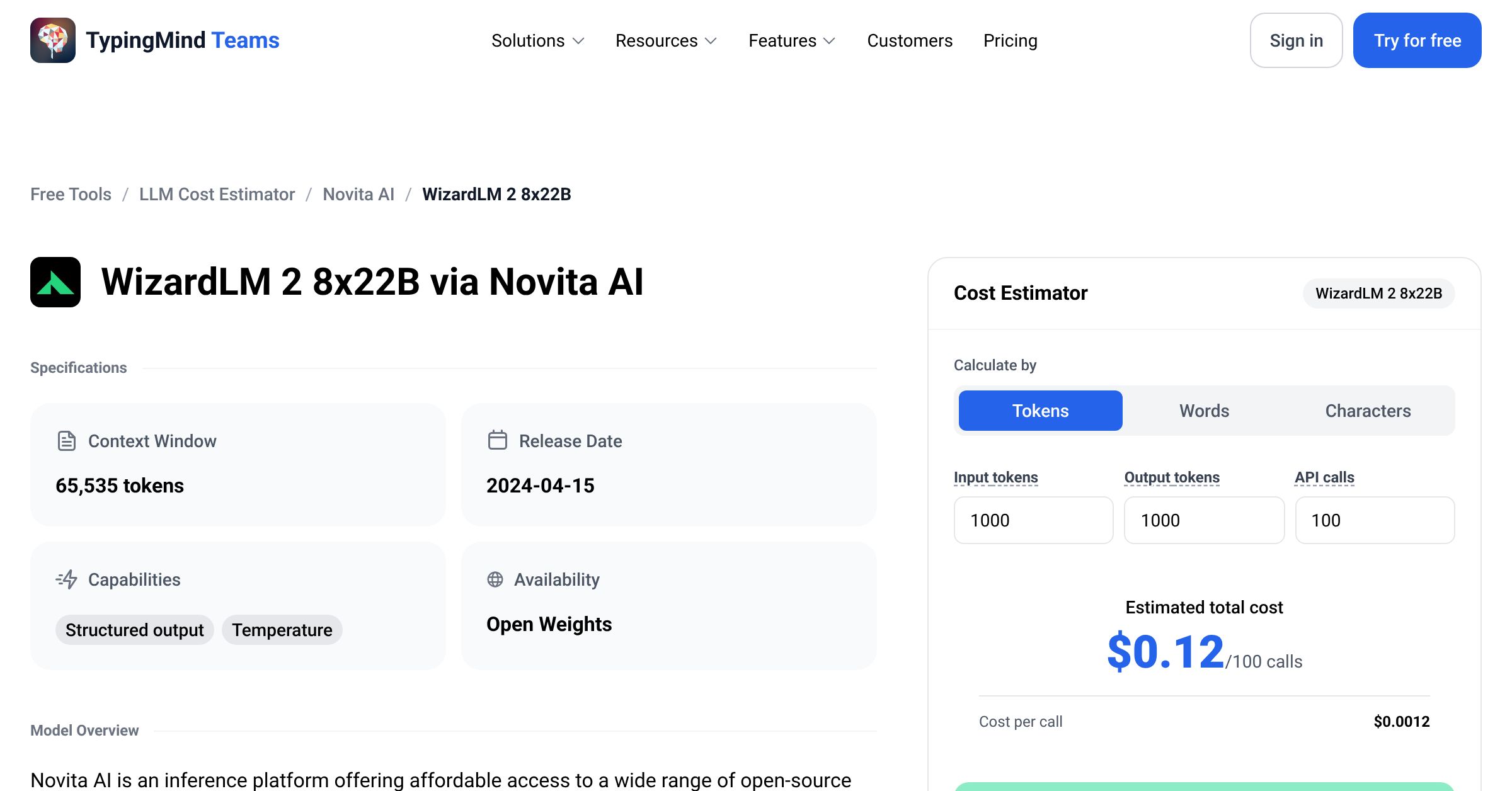 NovitaAI Wizardlm 2 8x22B API Pricing Calculator