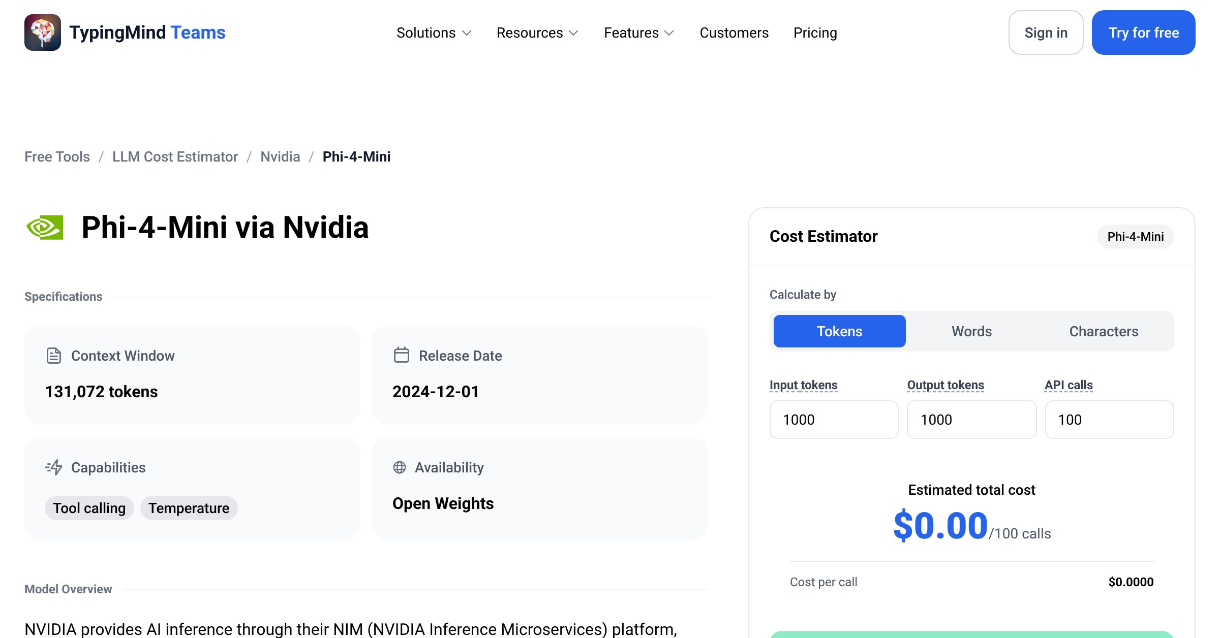Nvidia Phi-4-Mini API Pricing Calculator