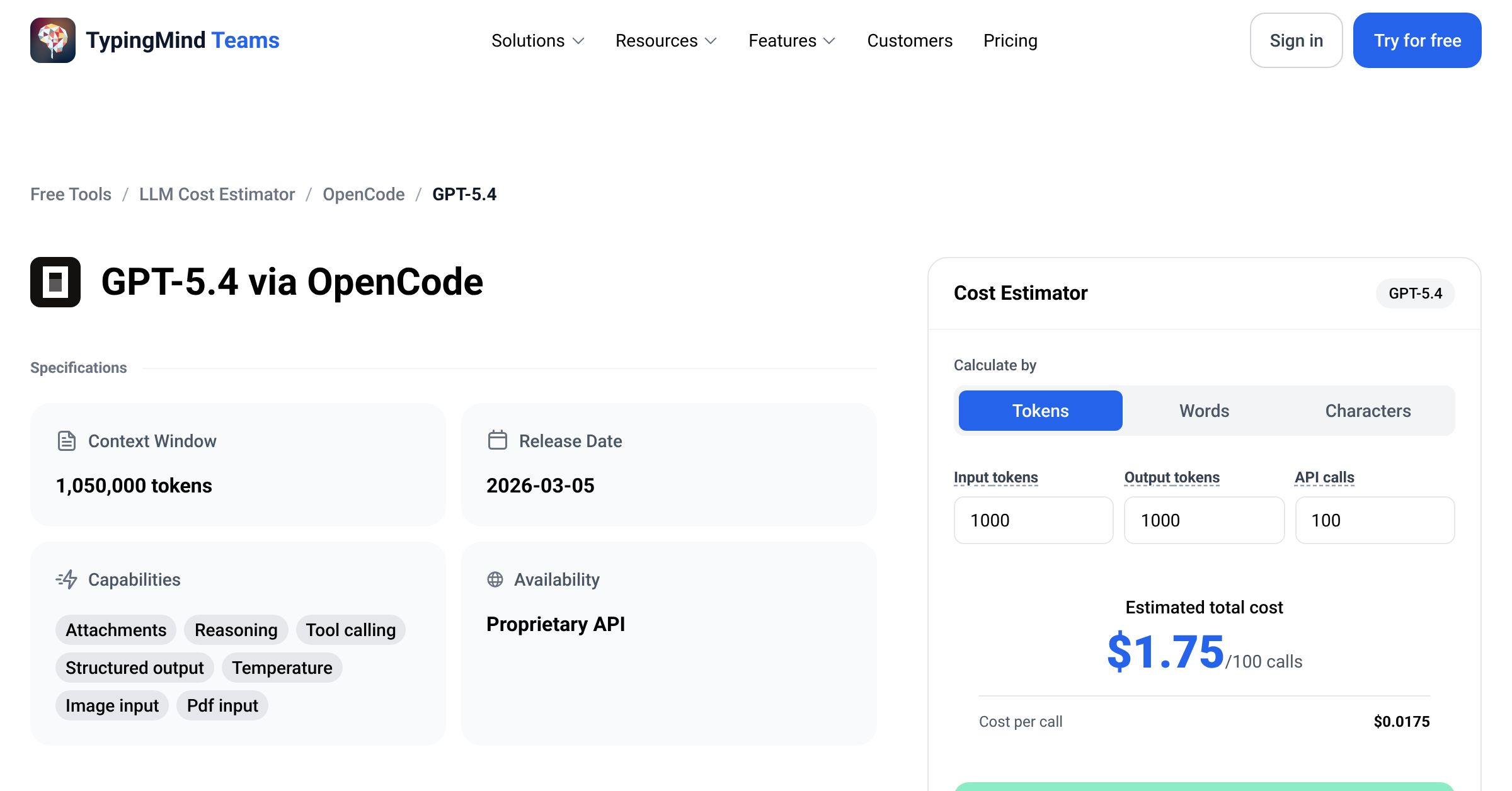 OpenCode Zen GPT-5.4 API Pricing Calculator