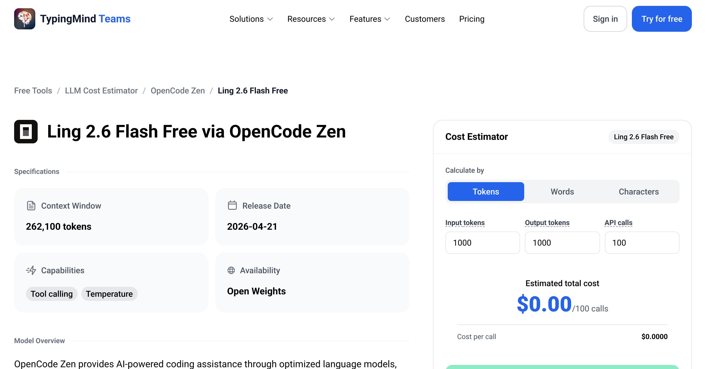 OpenCode Zen Ling 2.6 Flash Free API Pricing Calculator