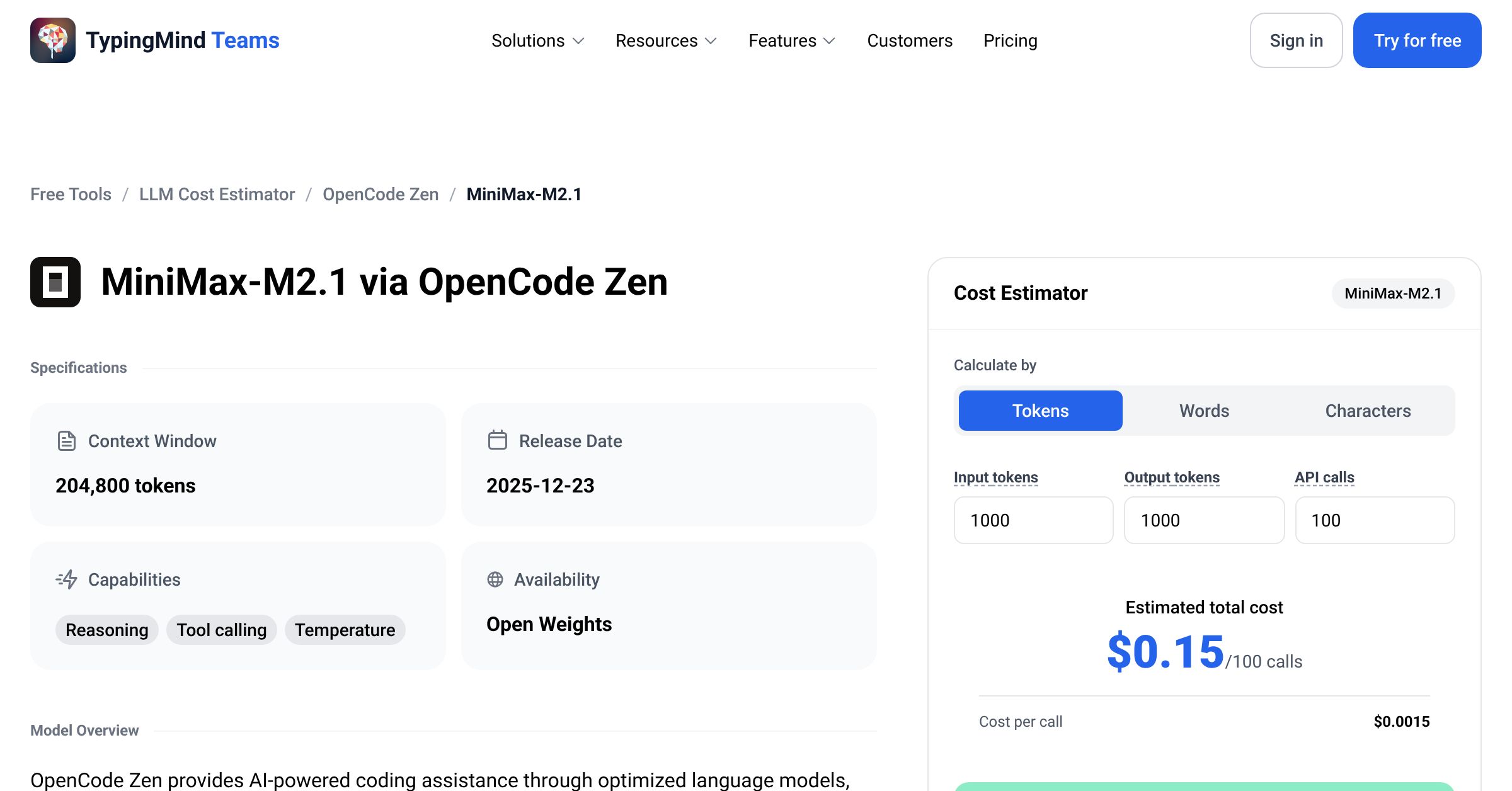 OpenCode Zen MiniMax-M2.1 API Pricing Calculator