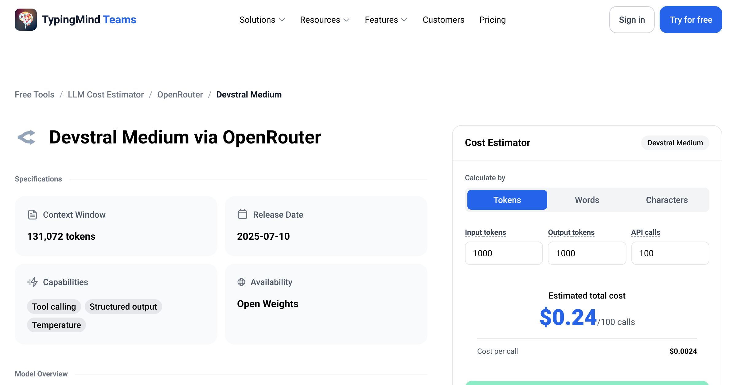 OpenRouter Devstral Medium API Pricing Calculator