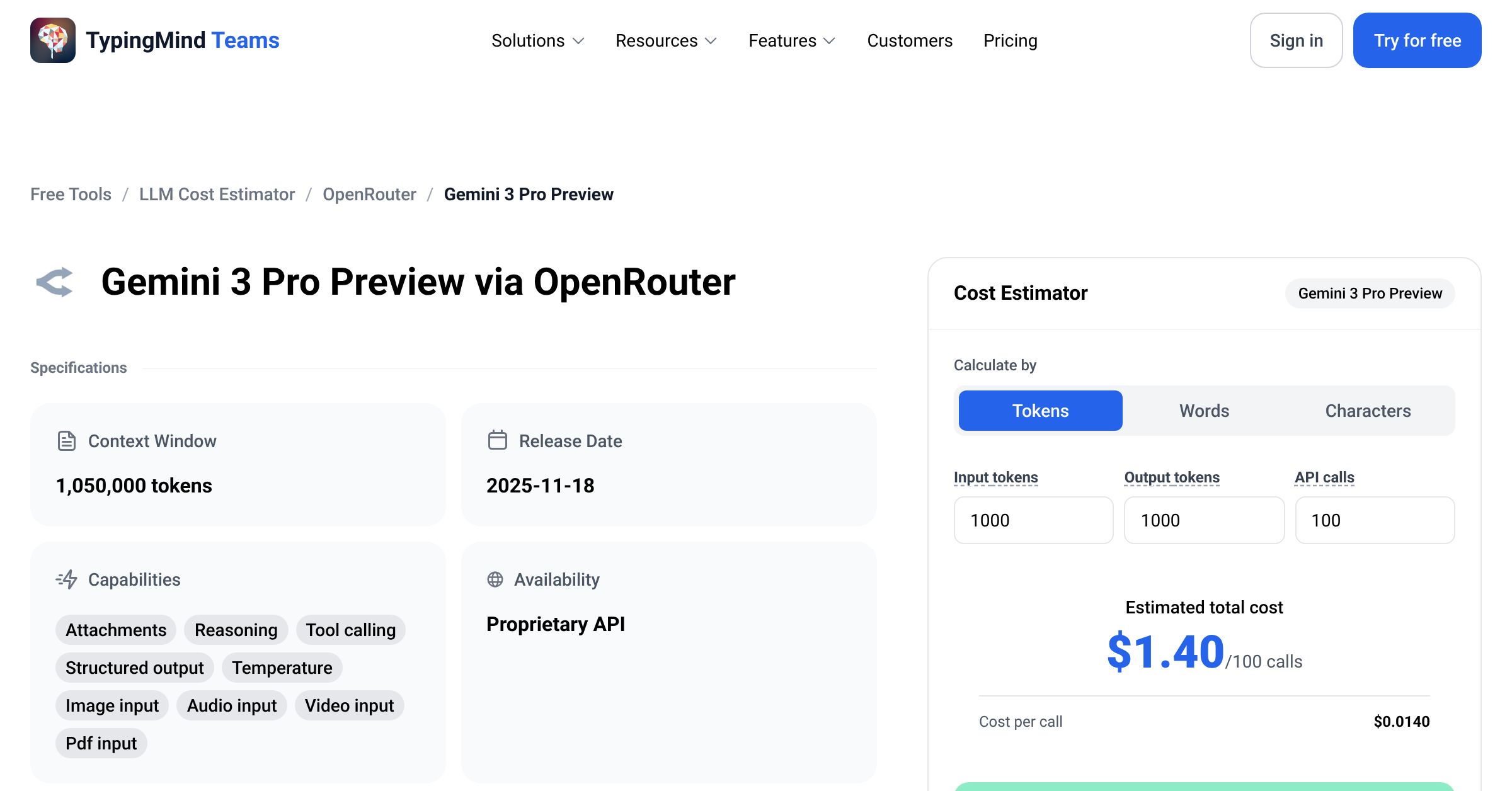 OpenRouter Gemini 3 Pro Preview API Pricing Calculator