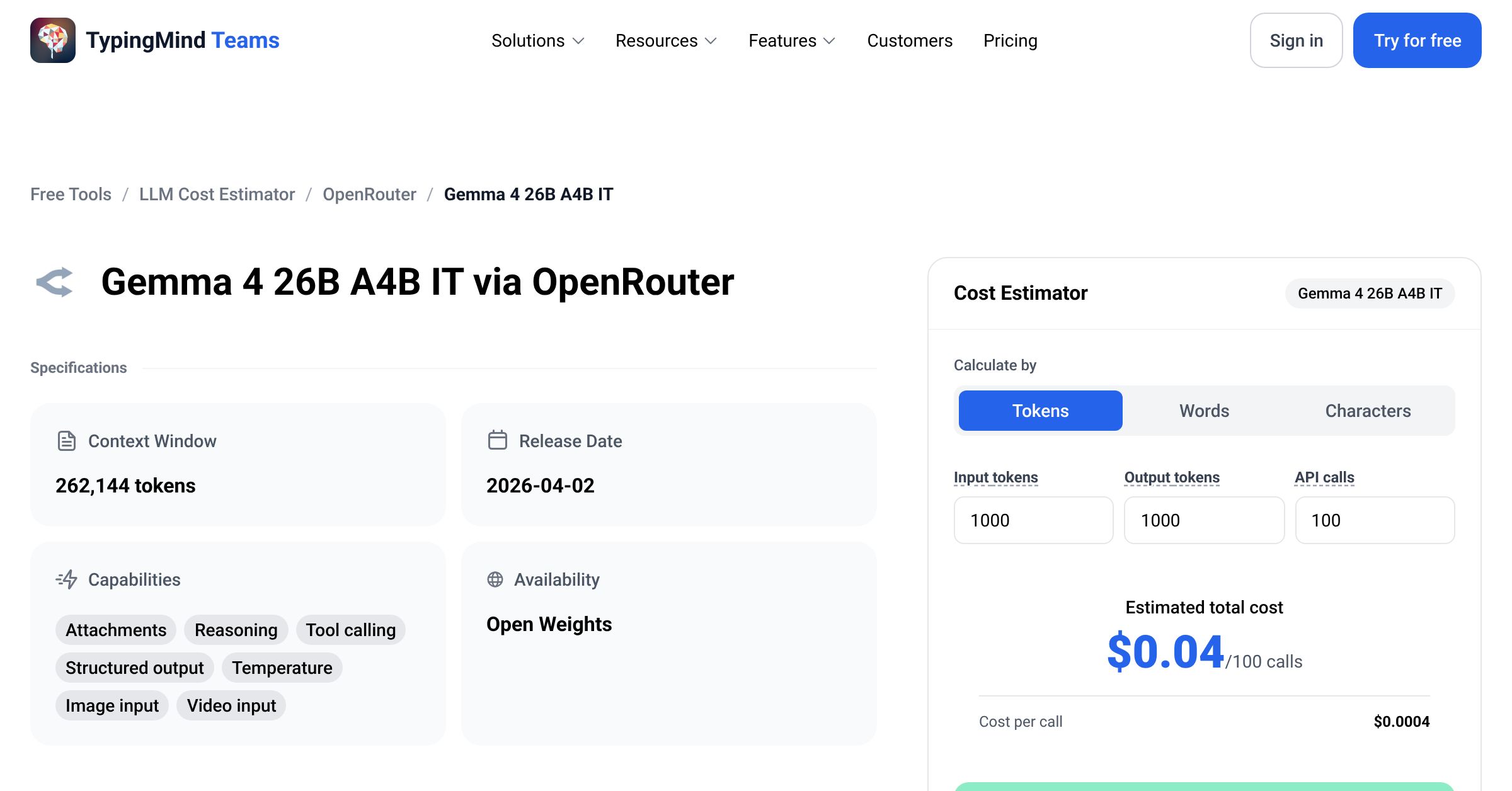 OpenRouter Gemma 4 26B A4B IT API Pricing Calculator
