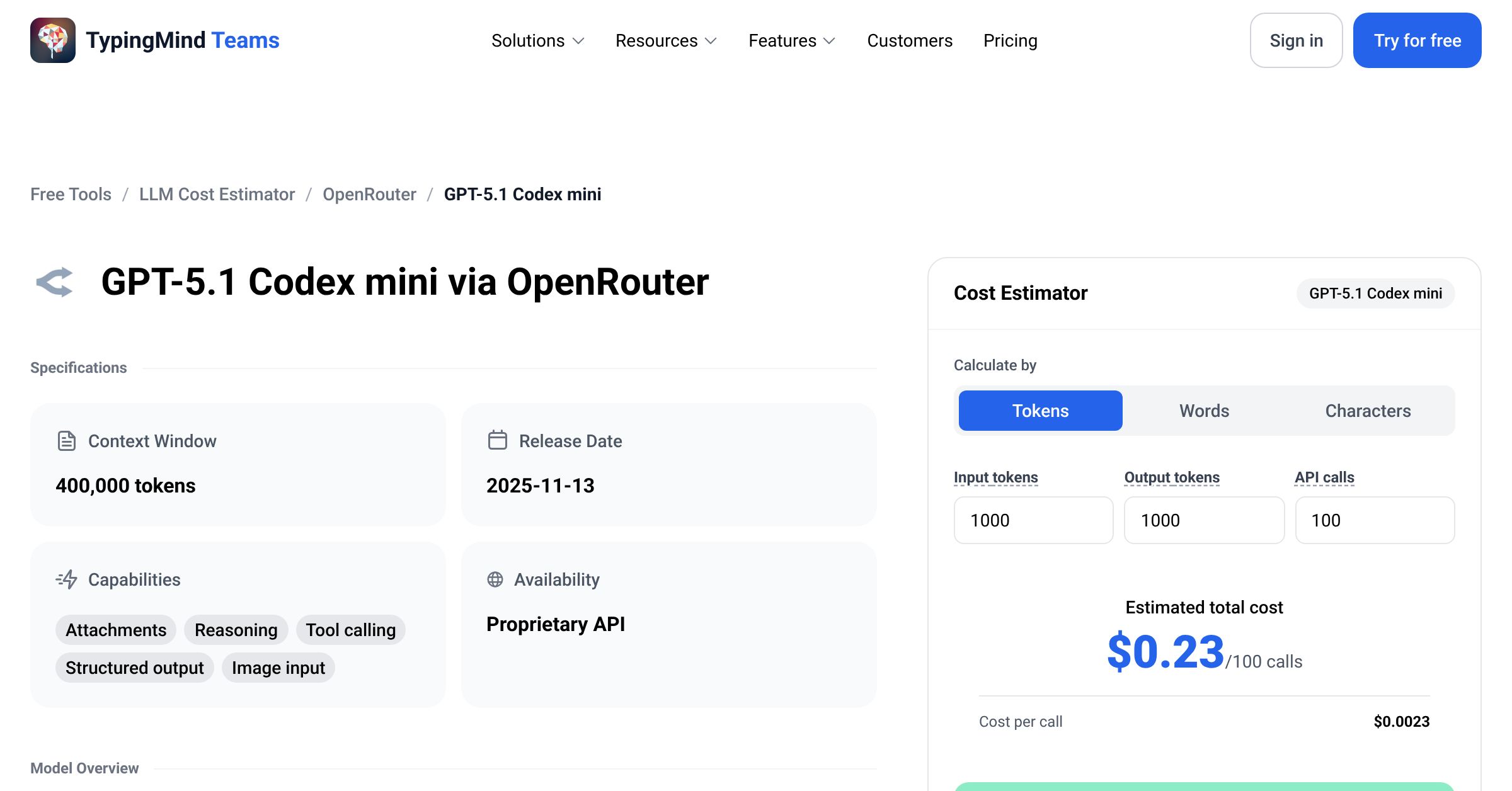 OpenRouter GPT-5.1 Codex mini API Pricing Calculator