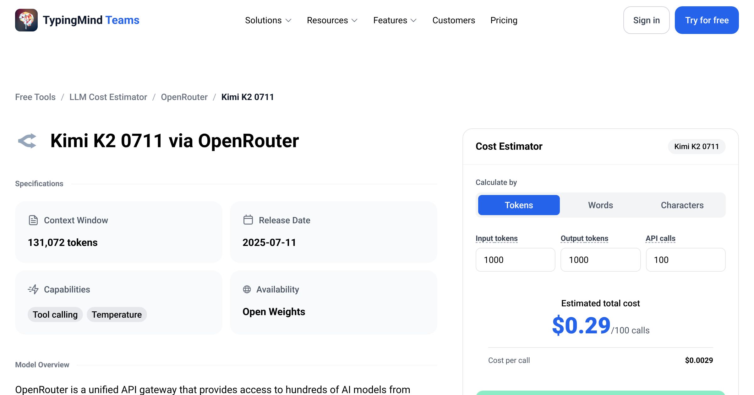 OpenRouter Kimi K2 0711 API Pricing Calculator