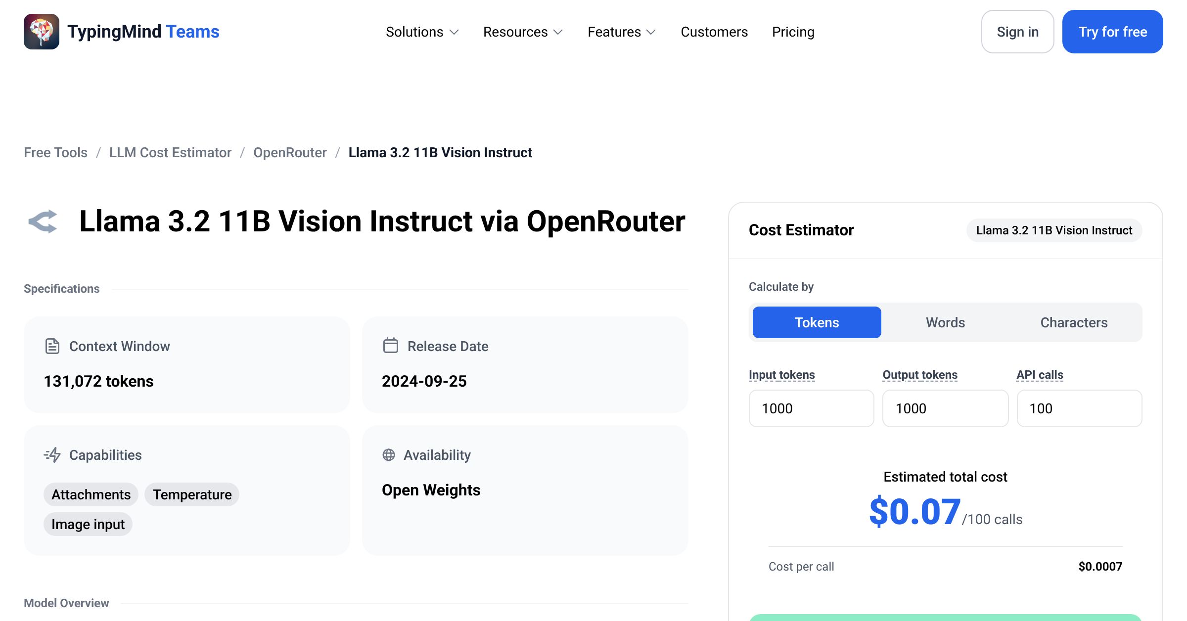 OpenRouter Llama 3.2 11B Vision Instruct API Pricing Calculator