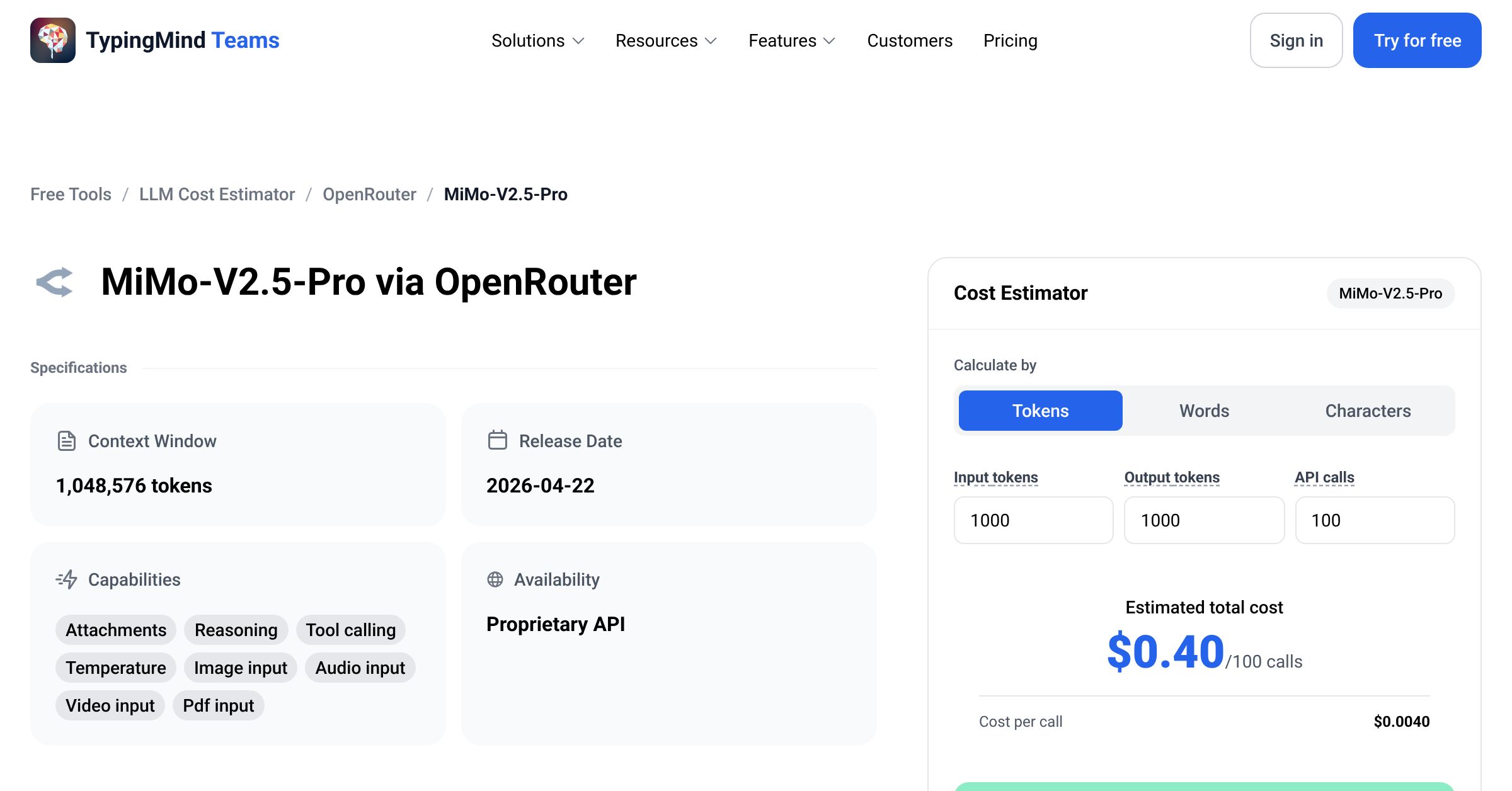 OpenRouter MiMo-V2.5-Pro API Pricing Calculator