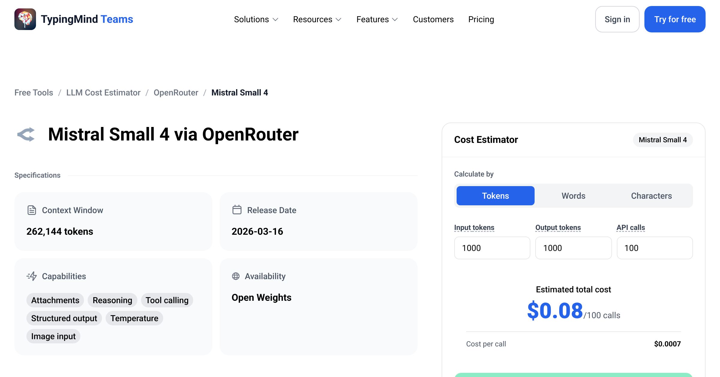 OpenRouter Mistral Small 4 API Pricing Calculator