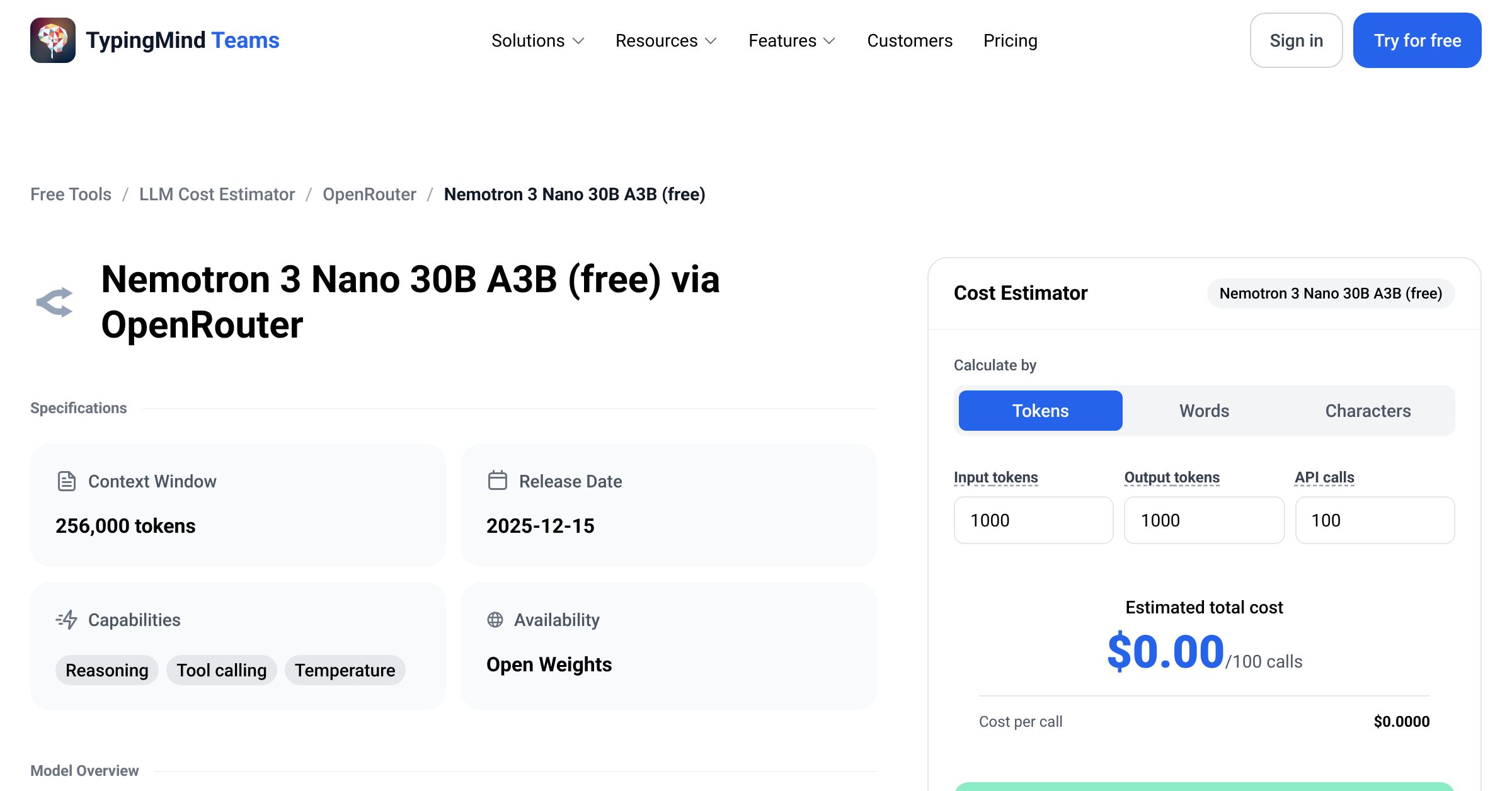 OpenRouter Nemotron 3 Nano 30B A3B (free) API Pricing Calculator