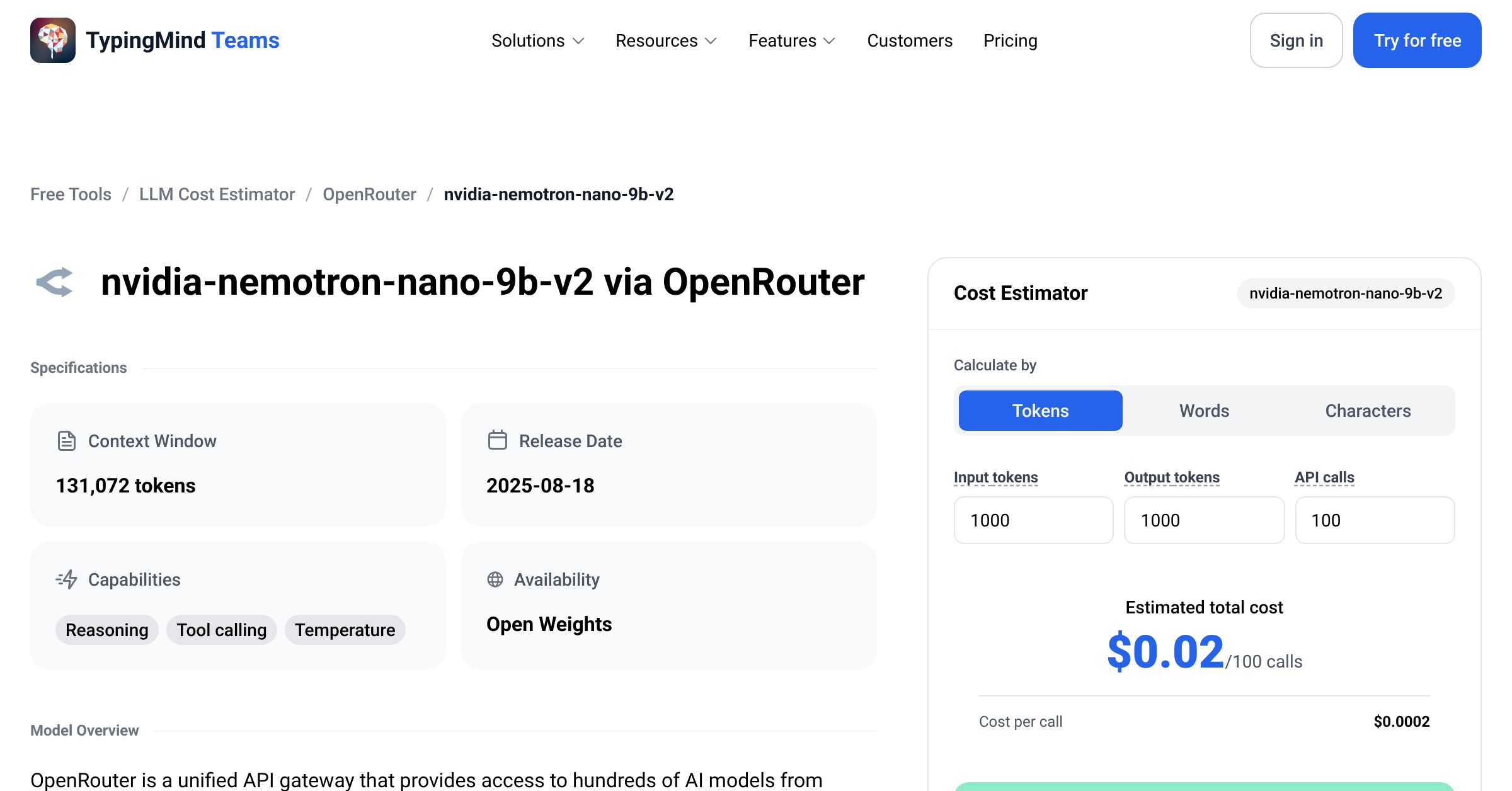OpenRouter nvidia-nemotron-nano-9b-v2 API Pricing Calculator
