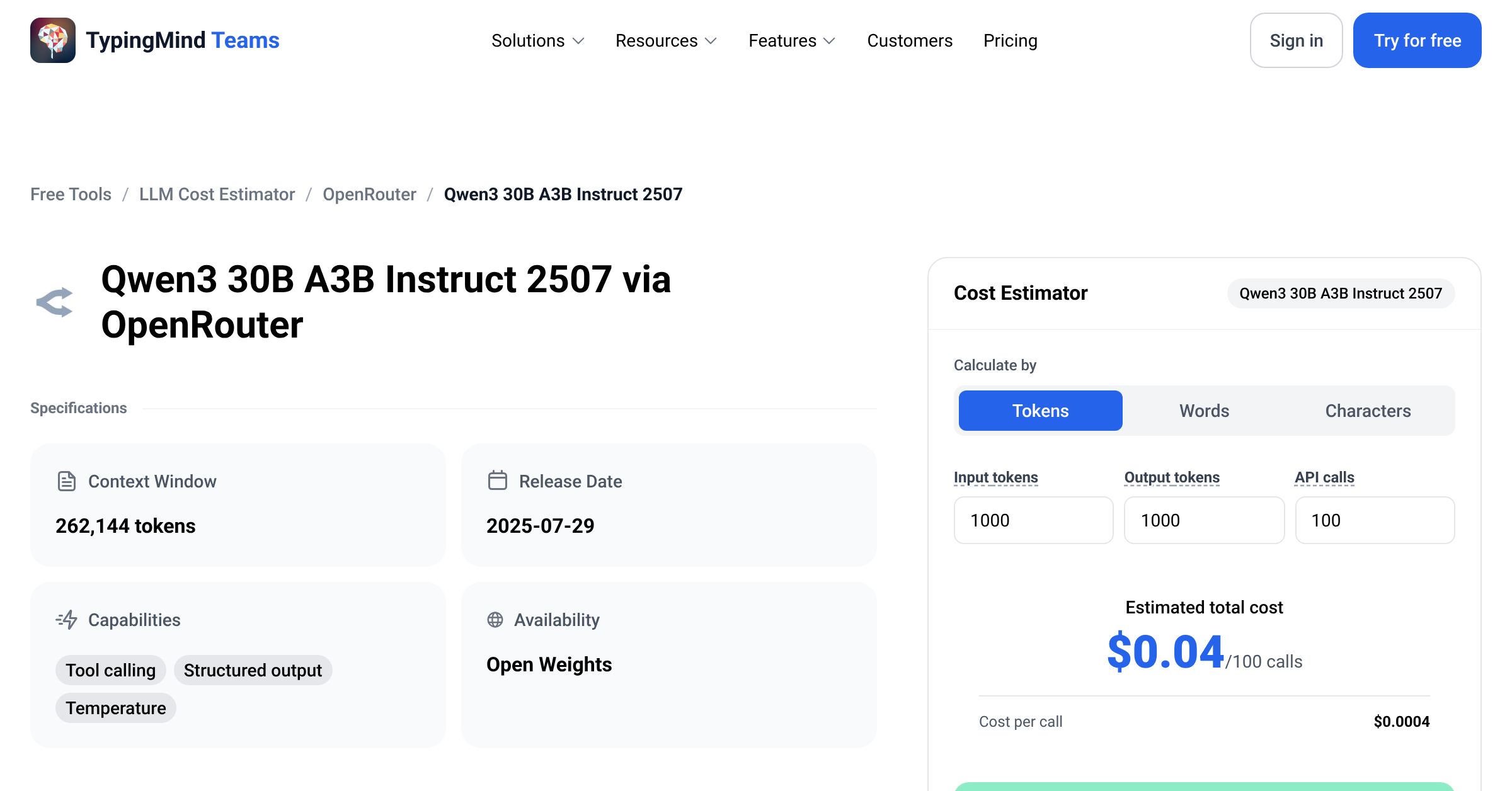 OpenRouter Qwen3 30B A3B Instruct 2507 API Pricing Calculator