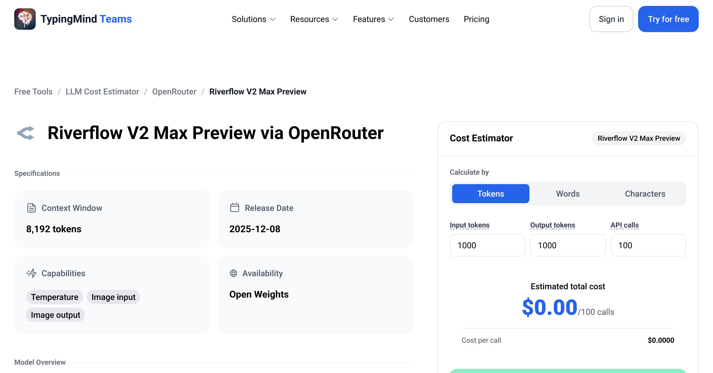 OpenRouter Riverflow V2 Max Preview API Pricing Calculator