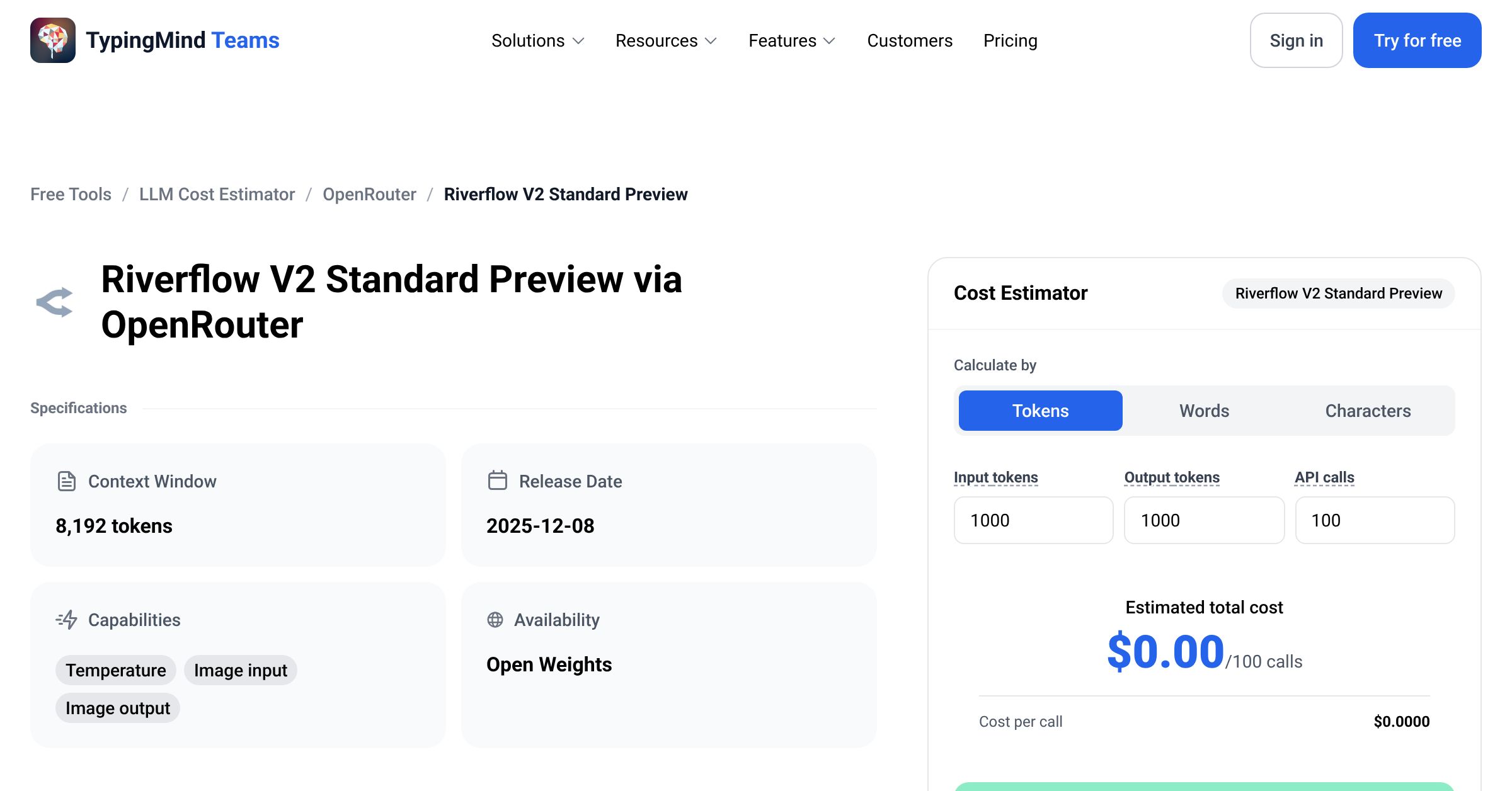 OpenRouter Riverflow V2 Standard Preview API Pricing Calculator