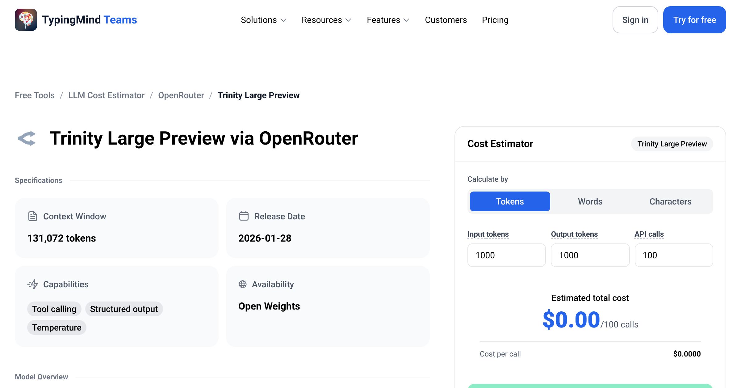 OpenRouter Trinity Large Preview API Pricing Calculator