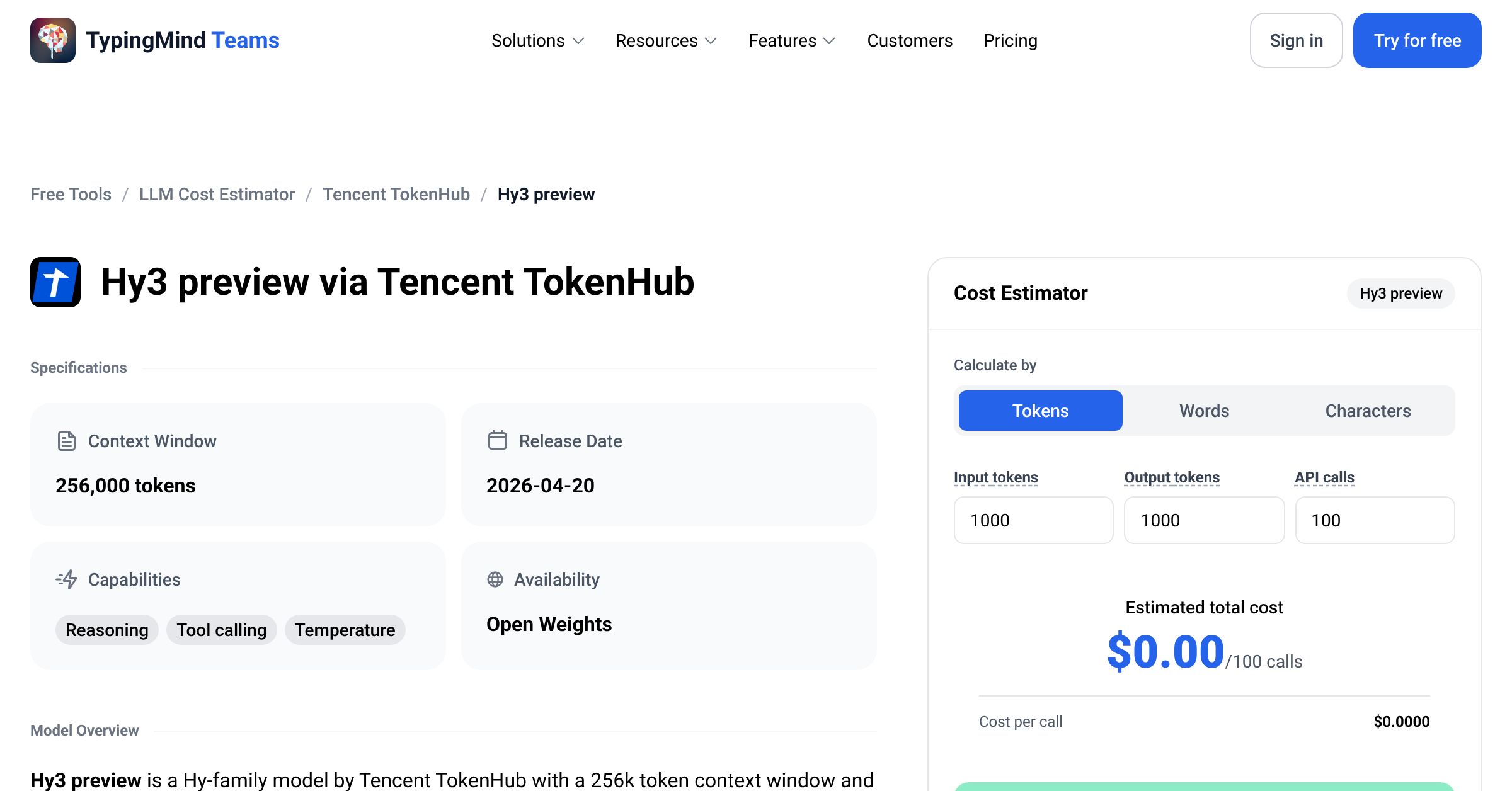Tencent TokenHub Hy3 preview API Pricing Calculator