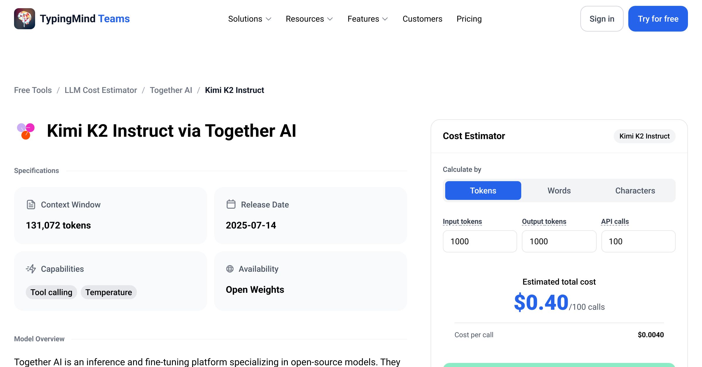 Together AI Kimi K2 Instruct API Pricing Calculator