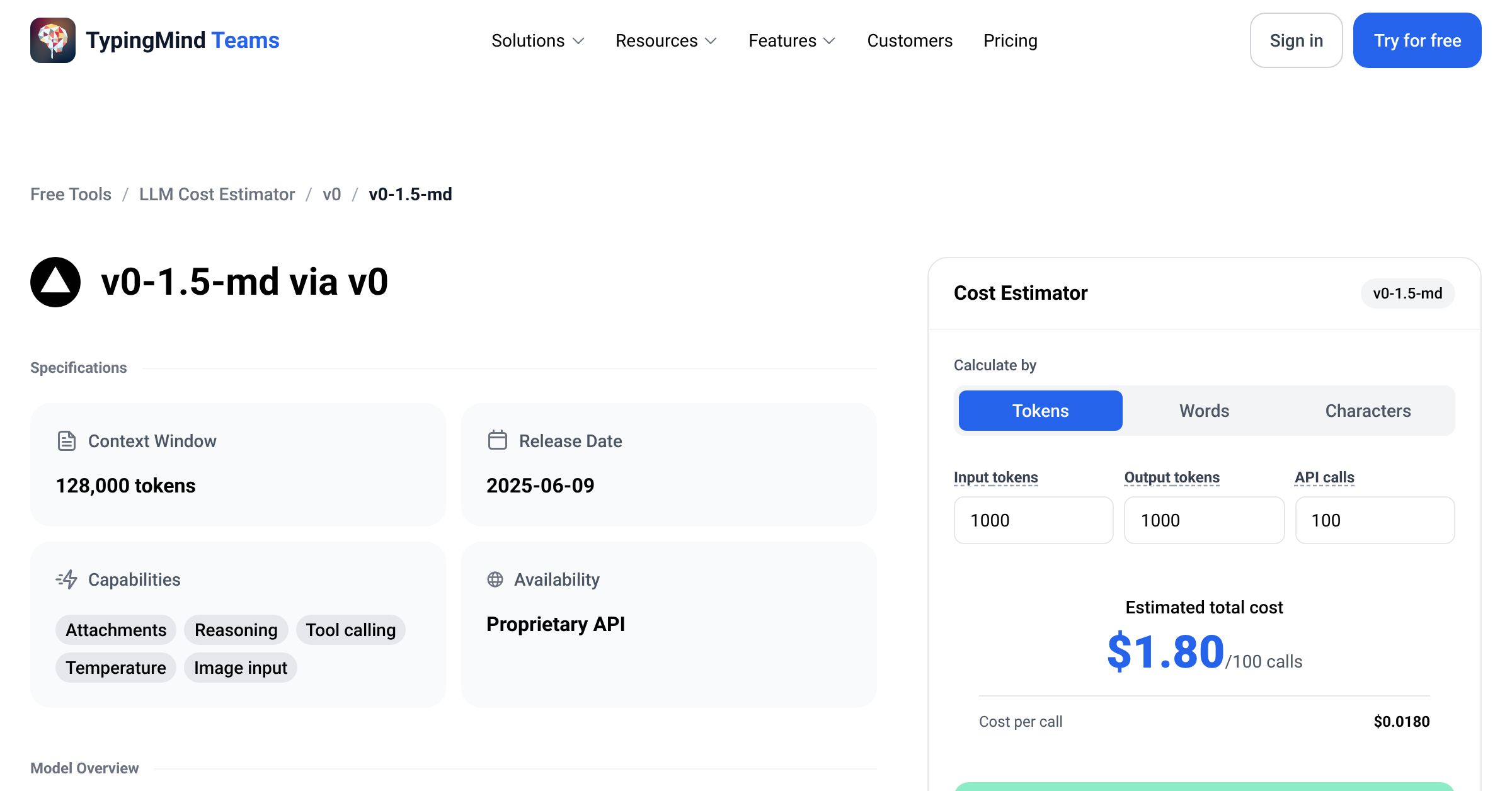 v0 v0-1.5-md API Pricing Calculator