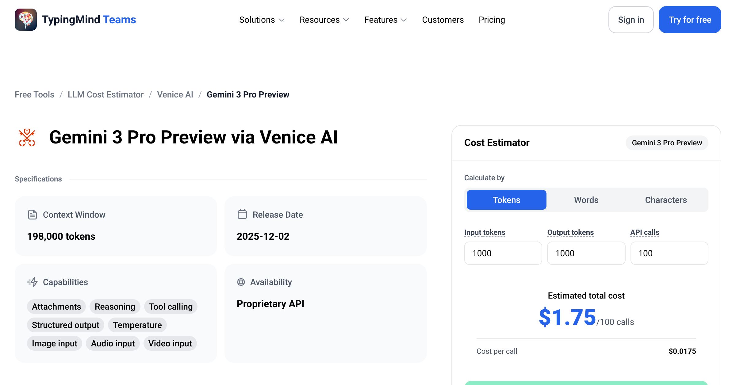 Venice AI Gemini 3 Pro Preview API Pricing Calculator