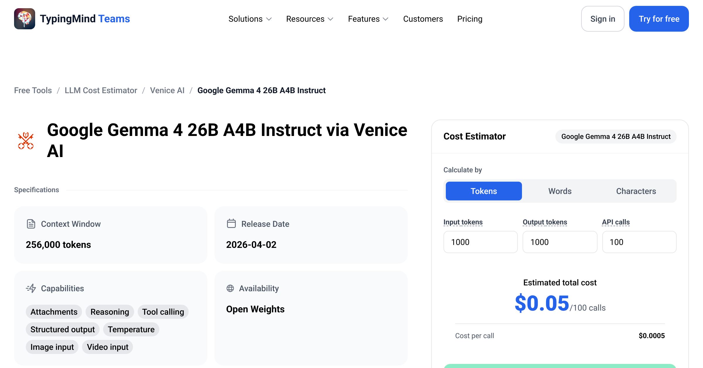 Venice AI Google Gemma 4 26B A4B Instruct API Pricing Calculator