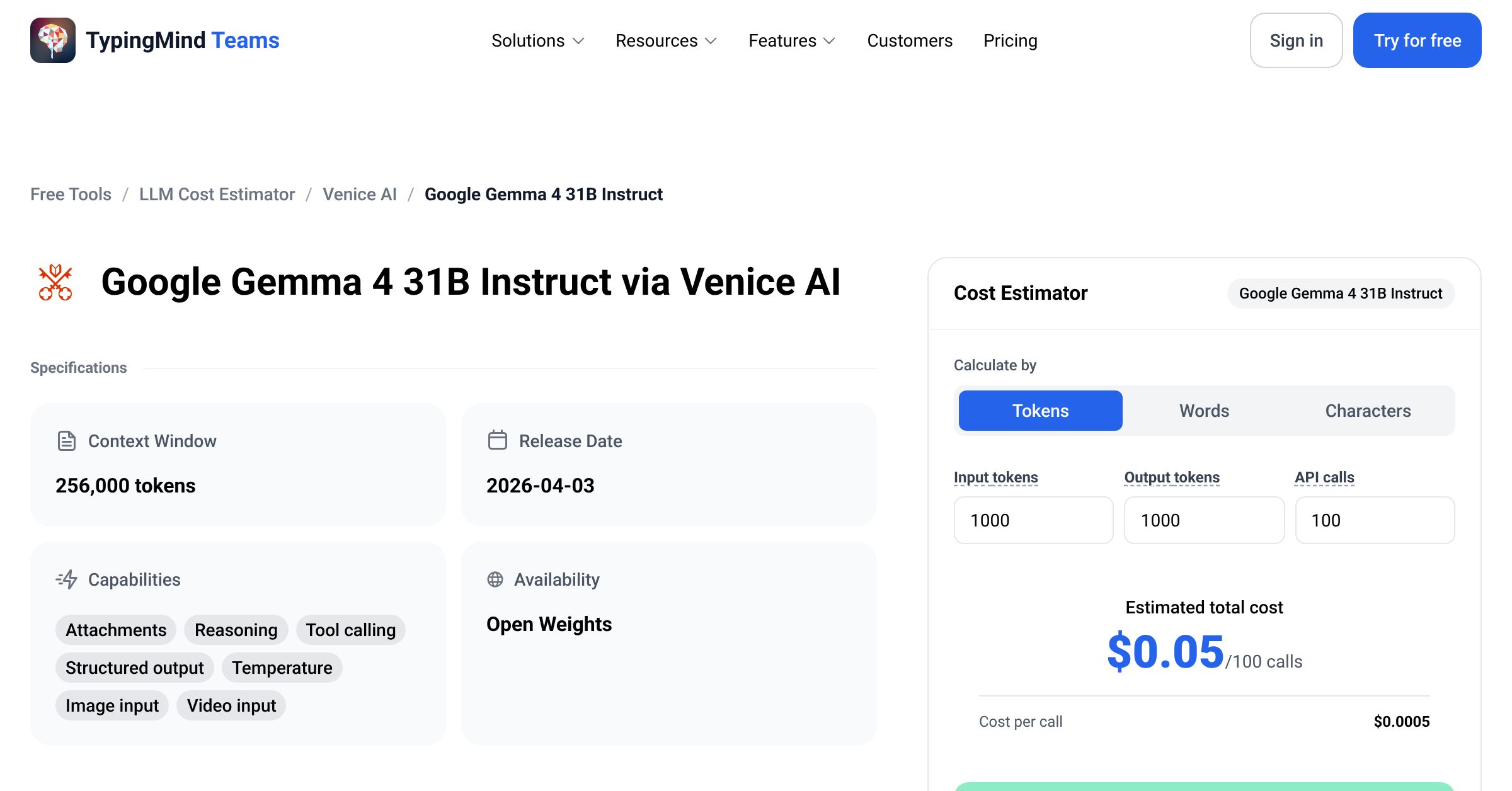 Venice AI Google Gemma 4 31B Instruct API Pricing Calculator