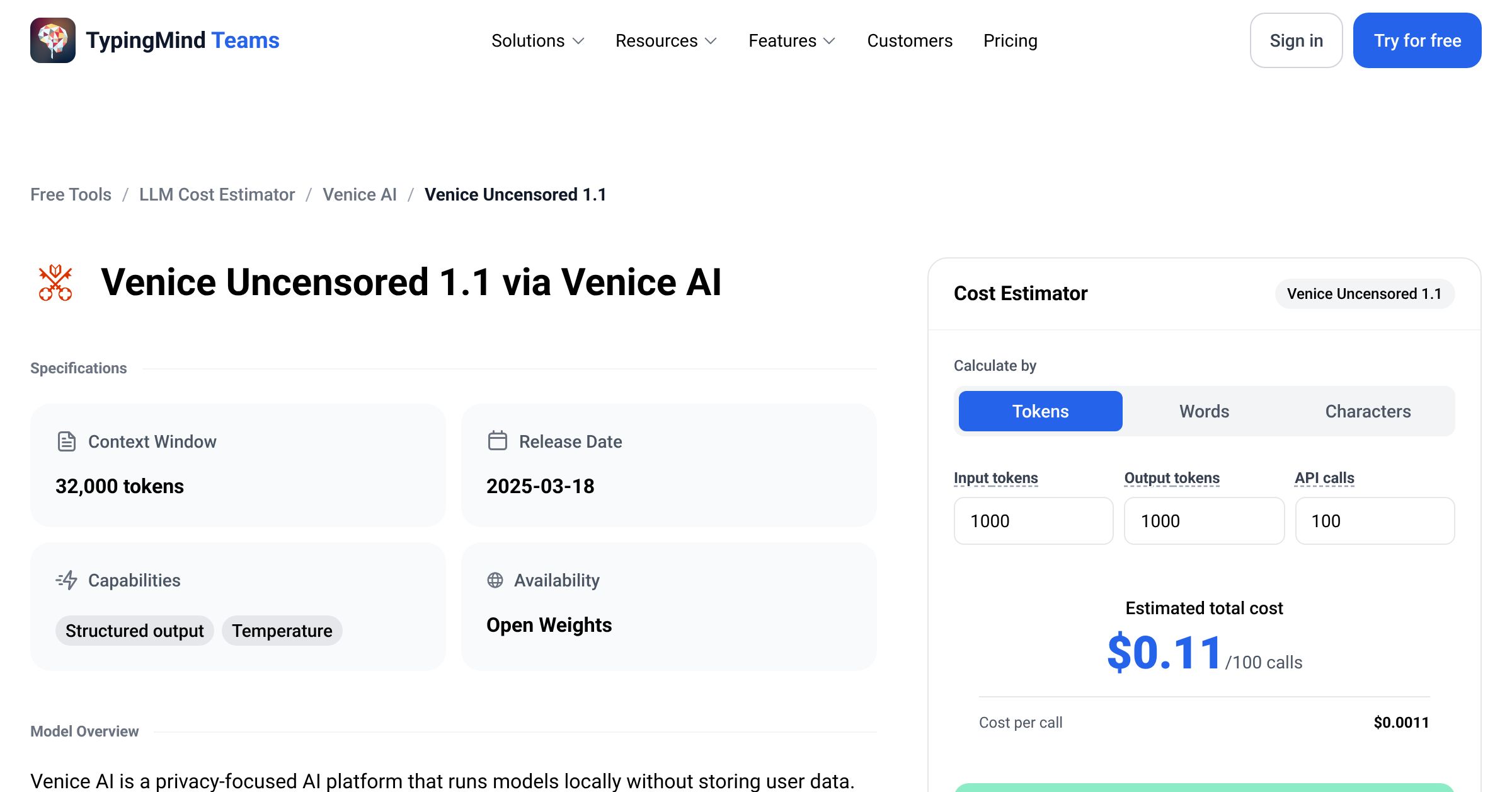 Venice AI Venice Uncensored 1.1 API Pricing Calculator