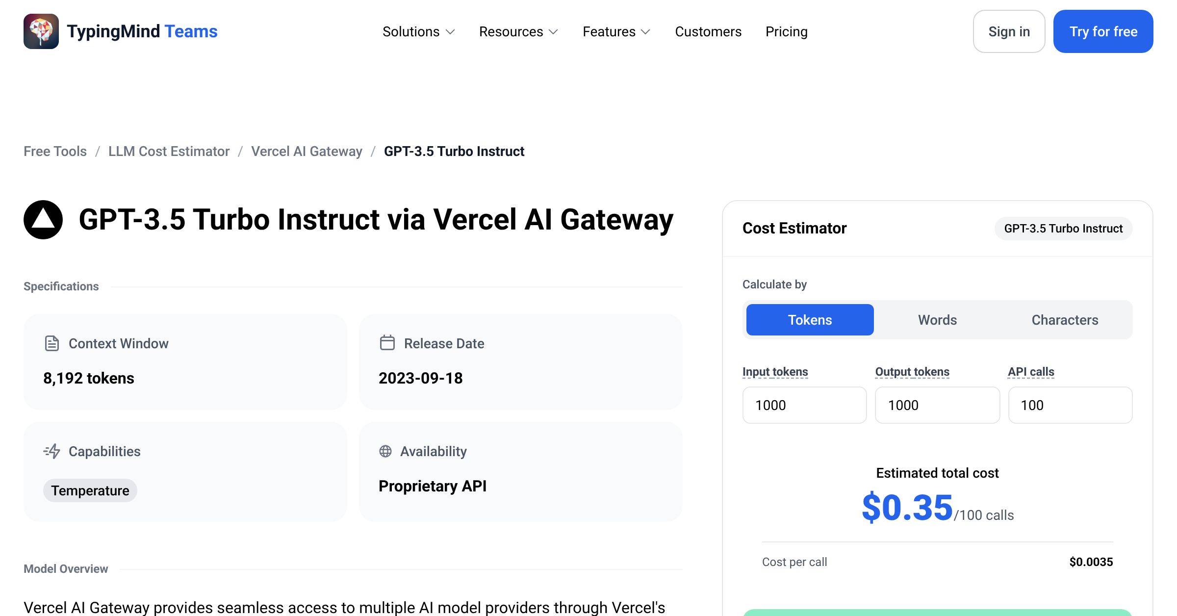 Vercel AI Gateway GPT-3.5 Turbo Instruct API Pricing Calculator