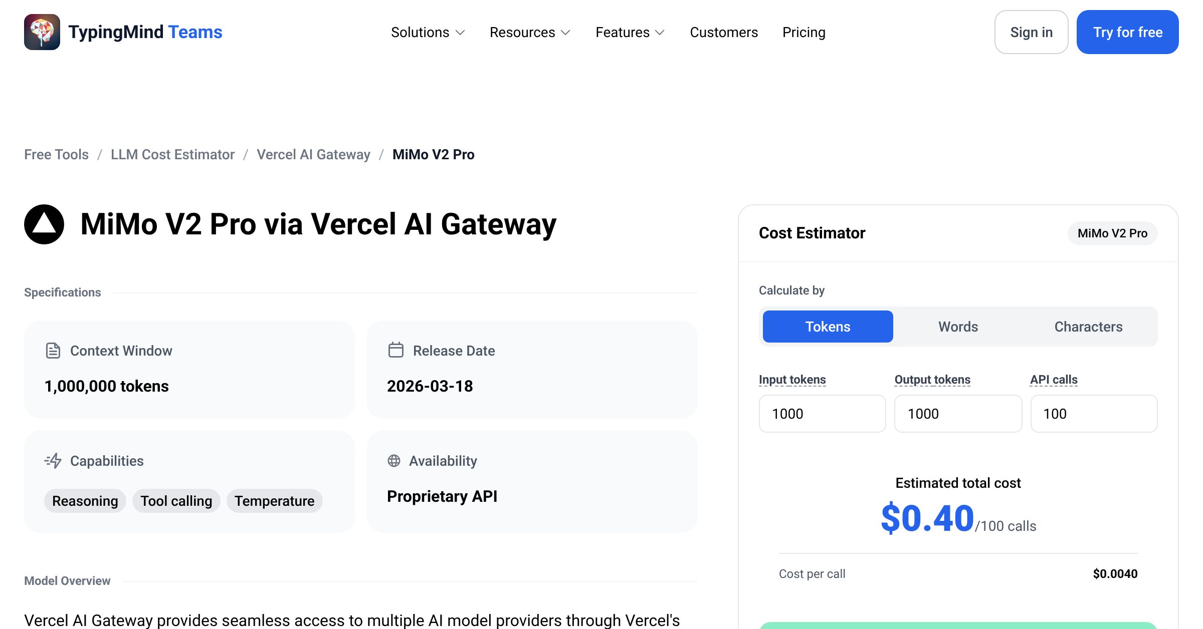 Vercel AI Gateway MiMo V2 Pro API Pricing Calculator
