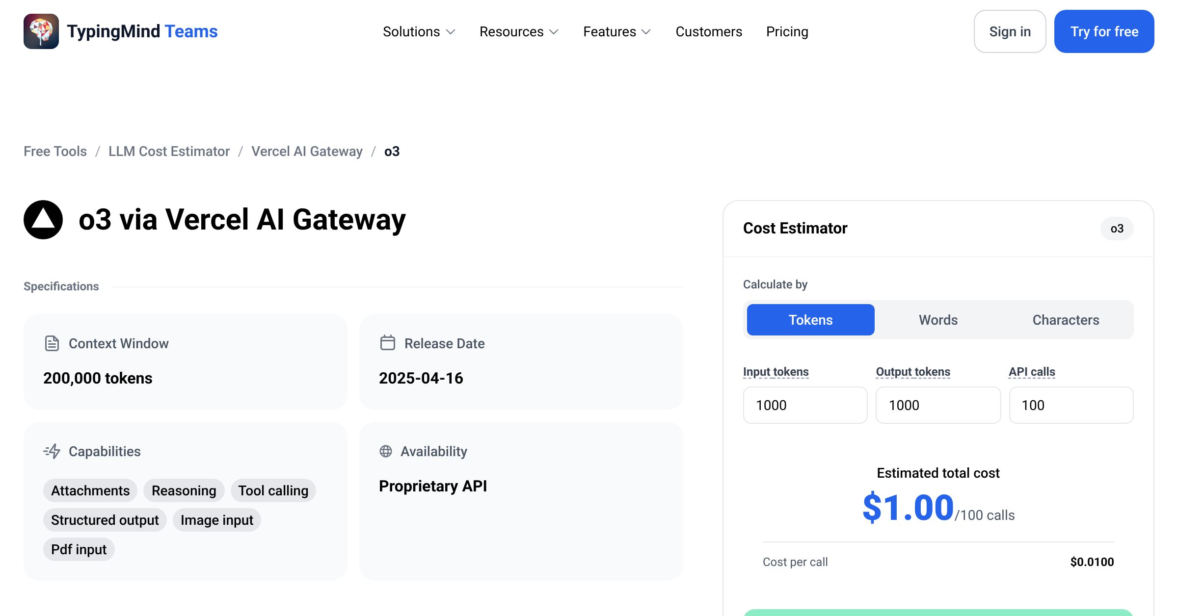 Vercel AI Gateway o3 API Pricing Calculator