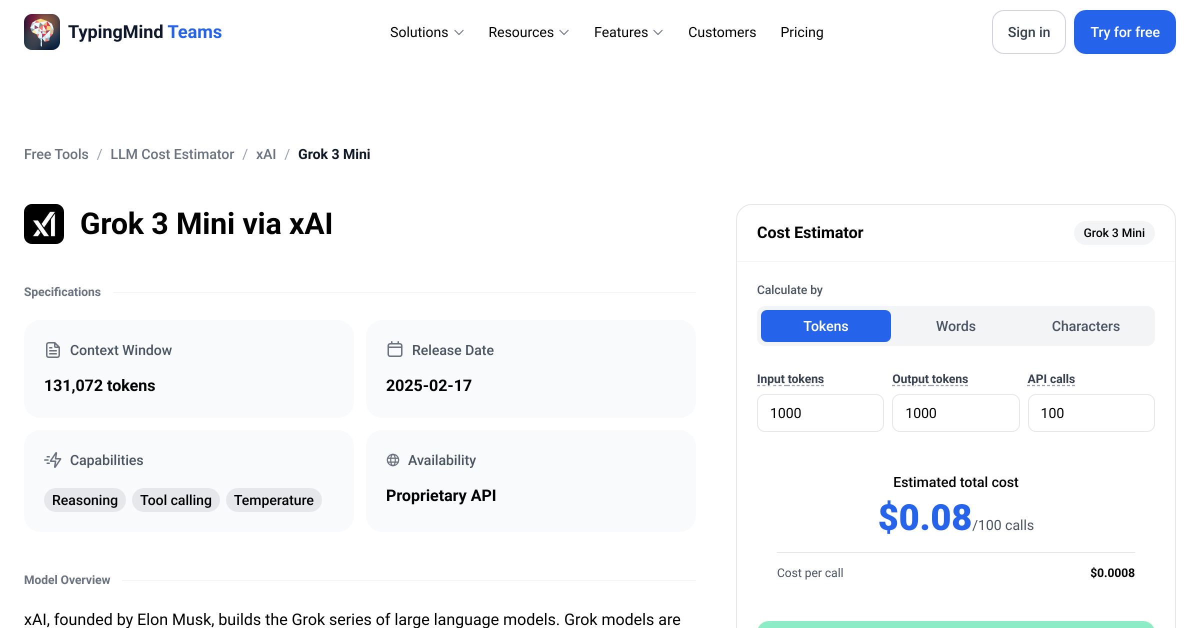 xAI Grok 3 Mini API Pricing Calculator