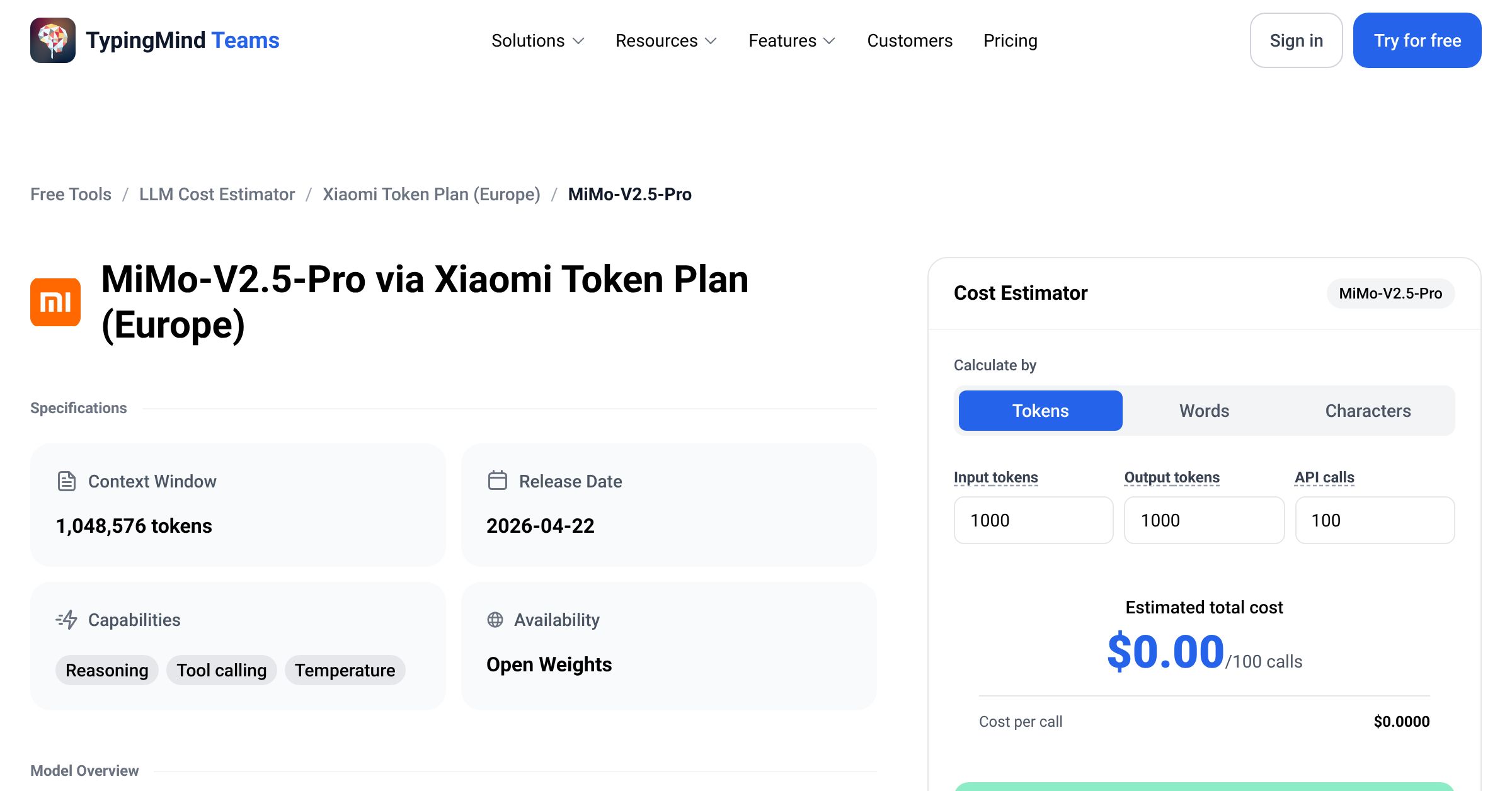 Xiaomi Token Plan (Europe) MiMo-V2.5-Pro API Pricing Calculator