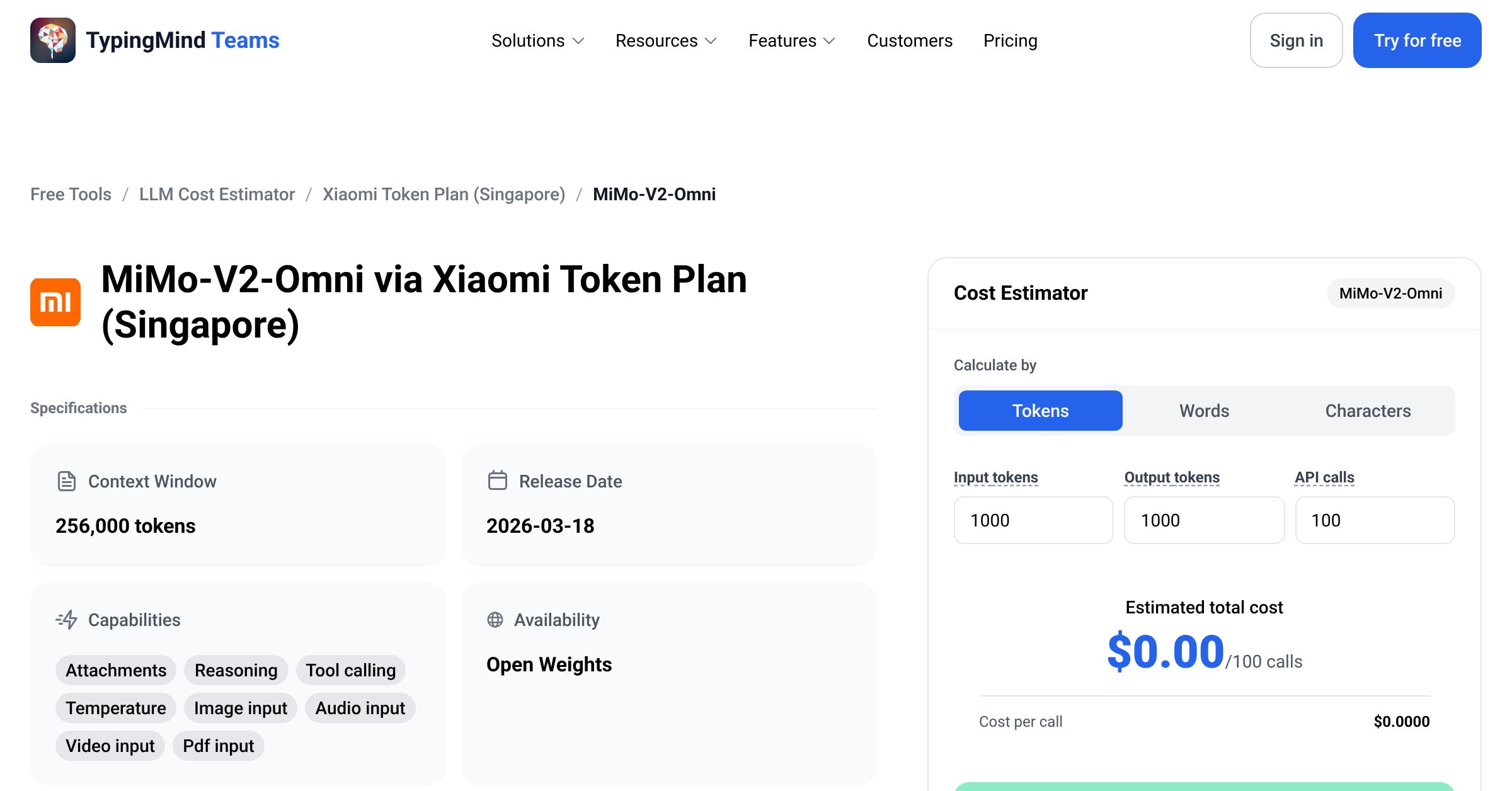 Xiaomi Token Plan (Singapore) MiMo-V2-Omni API Pricing Calculator