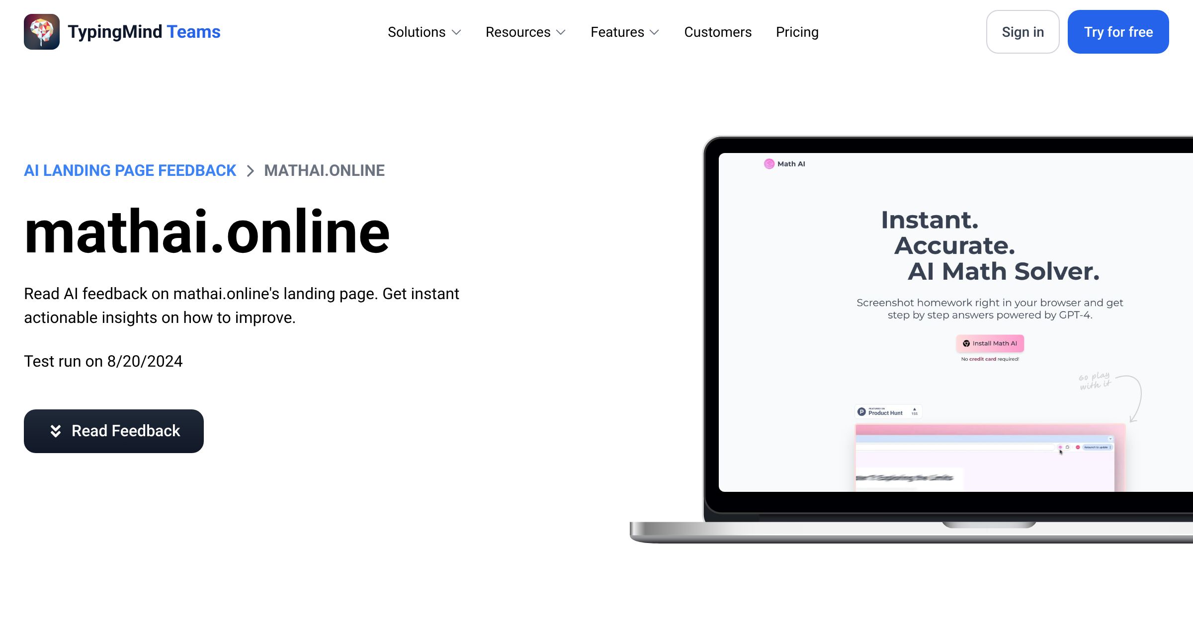 AI Landing Page Feedback for mathai.online