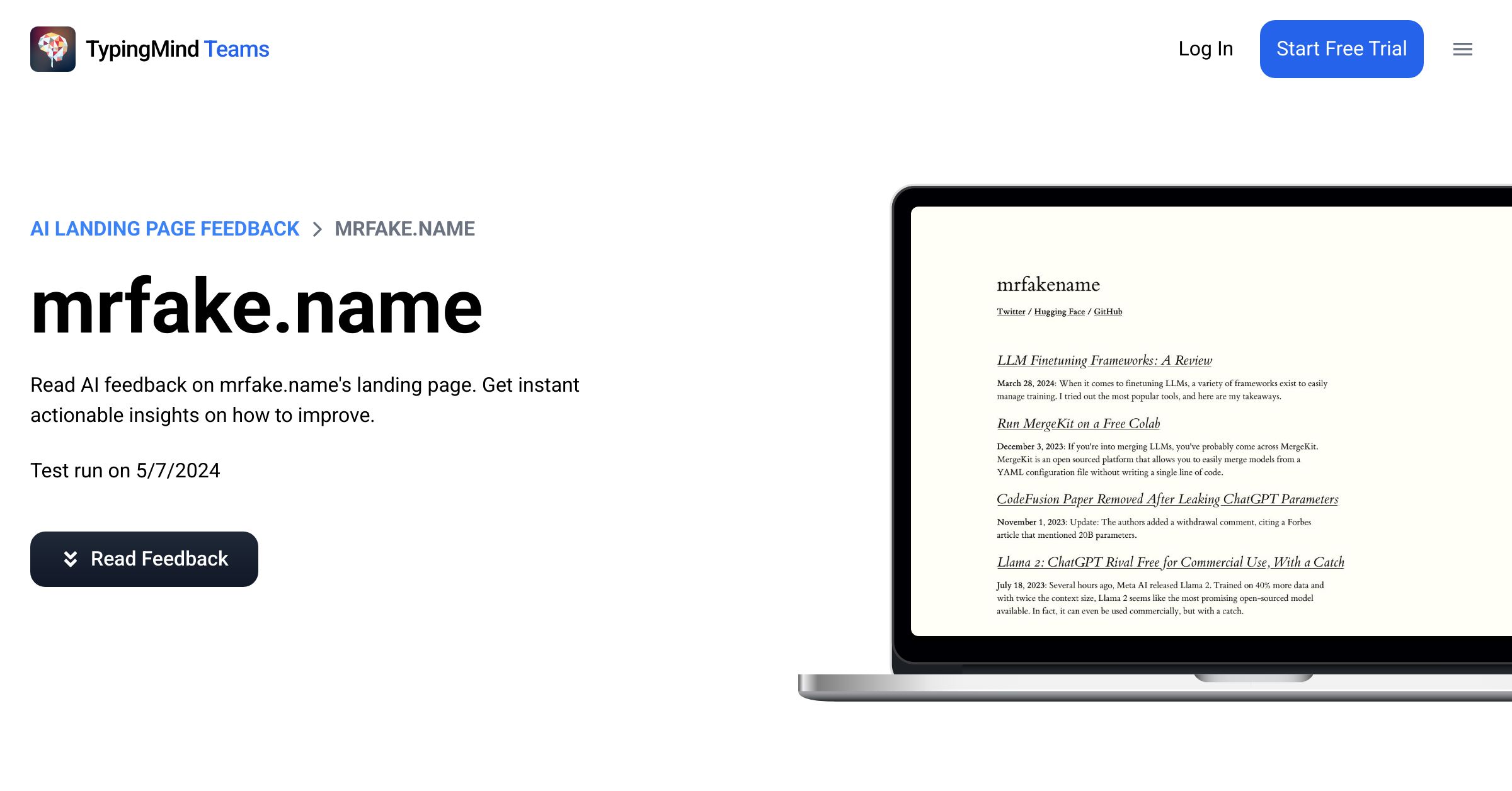 AI Landing Page Feedback for mrfake.name