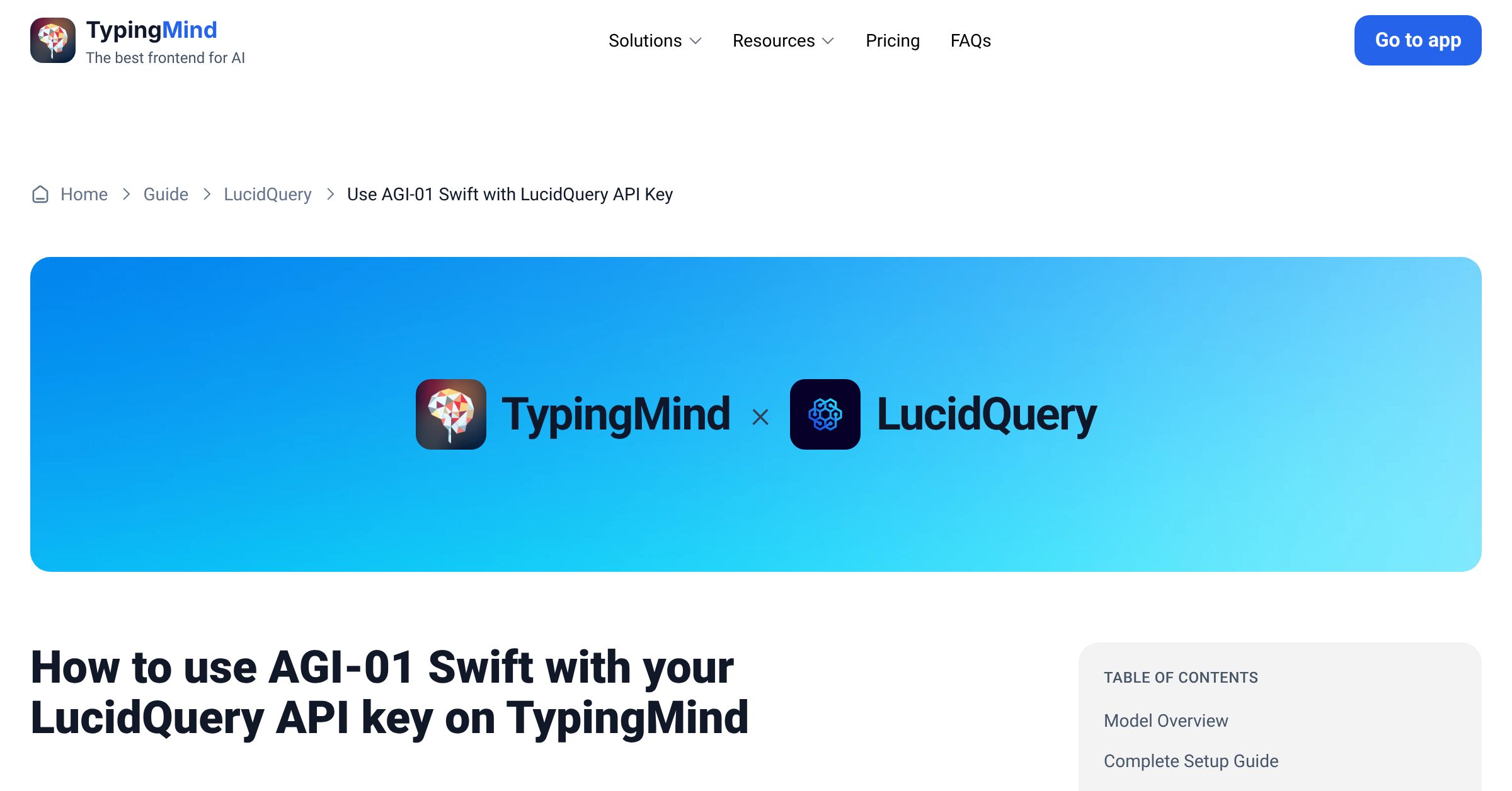 Connect and use AGI-01 Swift from LucidQuery with API Key | TypingMind
