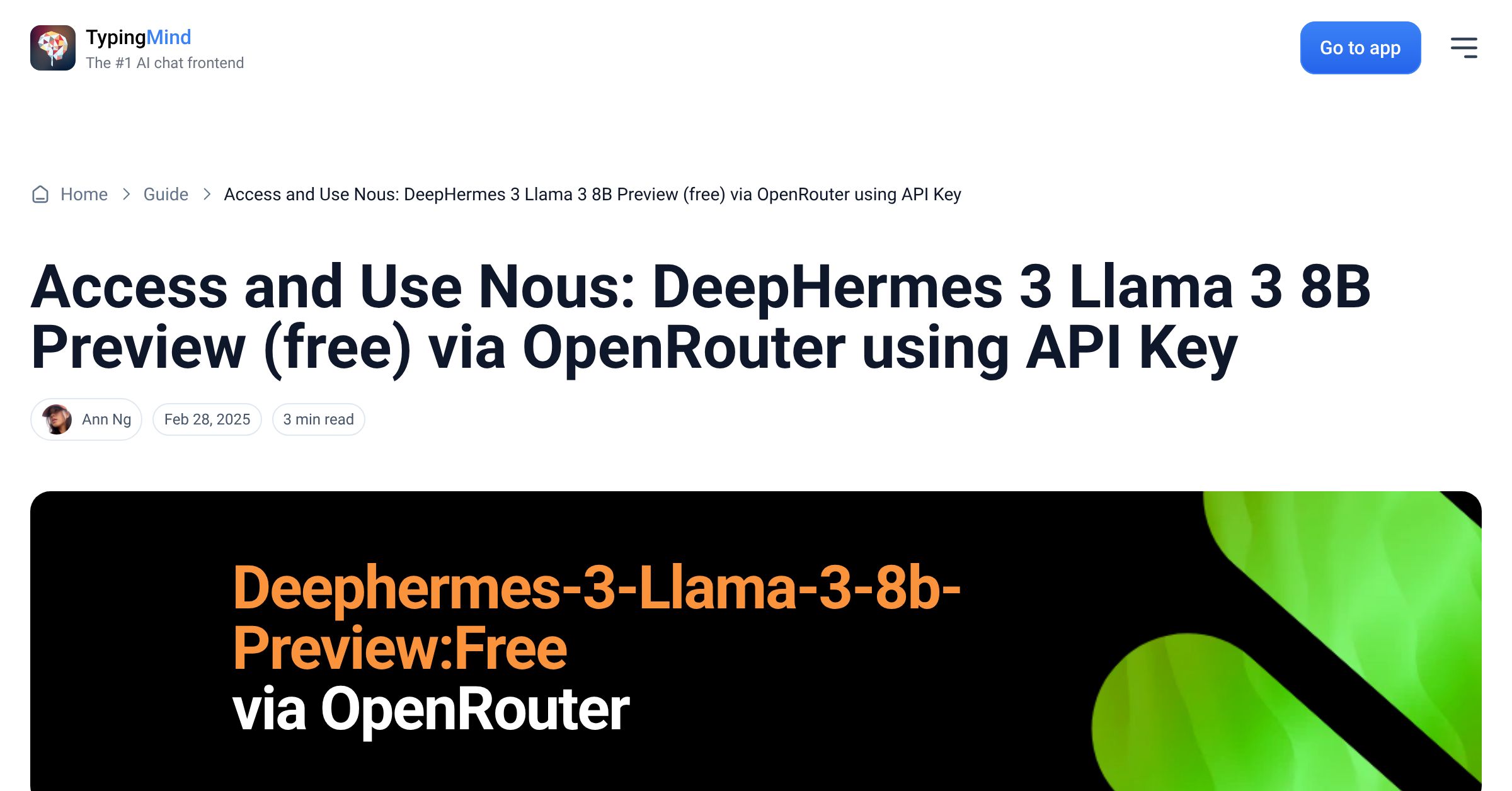 Cover image for Access Nous: DeepHermes 3 Llama 3 8B Preview (free) via OpenRouter