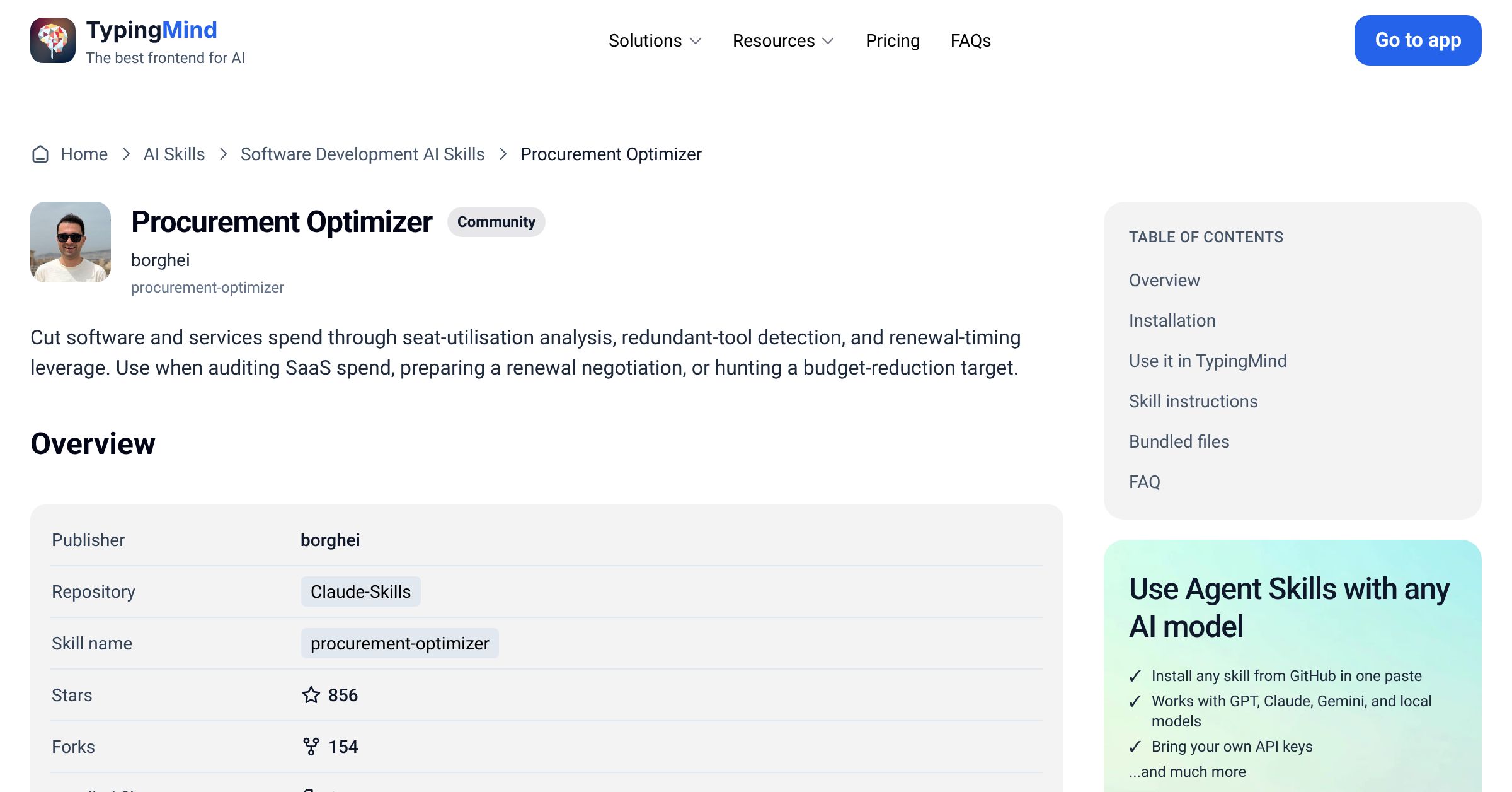 Procurement Optimizer by borghei — AI Skill for Any LLM | TypingMind