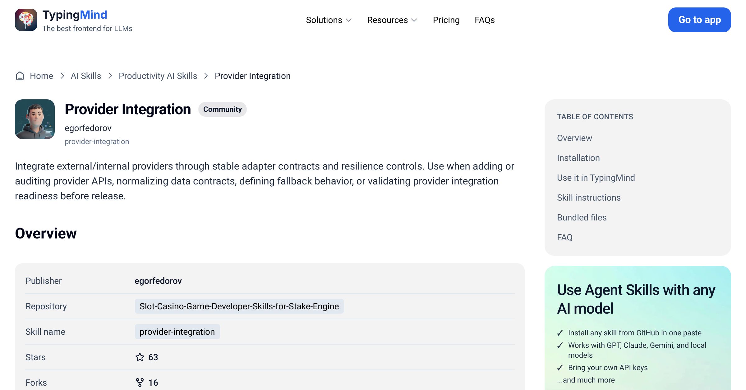 Provider Integration by egorfedorov — AI Skill for Any LLM | TypingMind