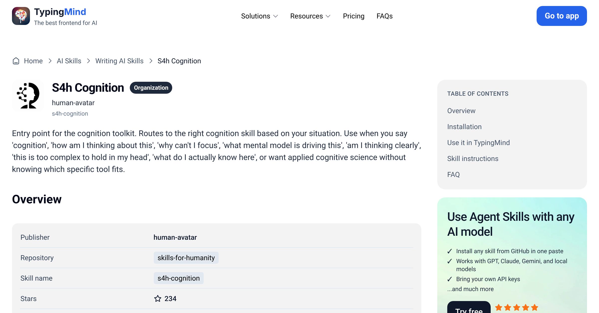 S4h Cognition by human-avatar — AI Skill for Any LLM | TypingMind